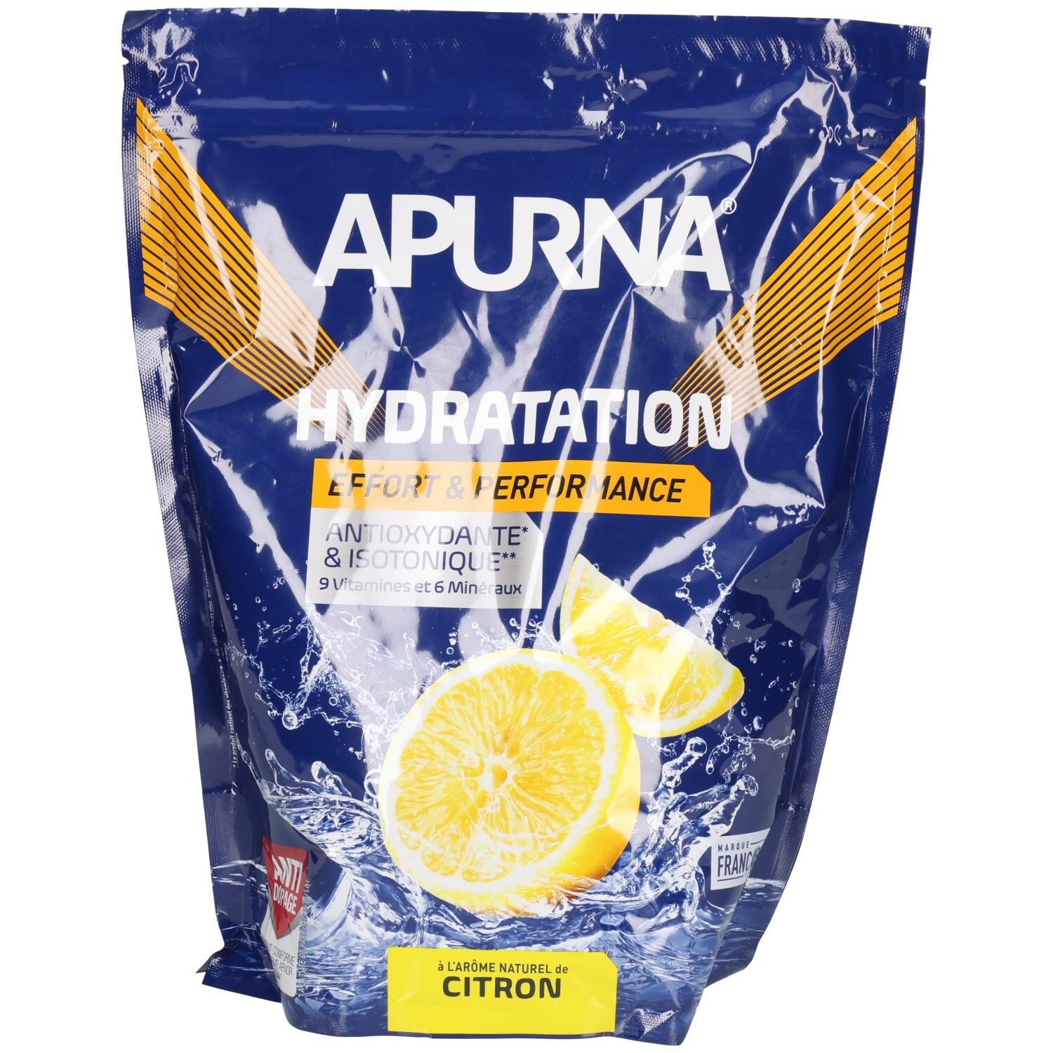 Sachet bleu APURNA. Illustration de citron. Texte: Hydratation, Effort & Performance, Antioxydants & Isotonique. Ingrédients.