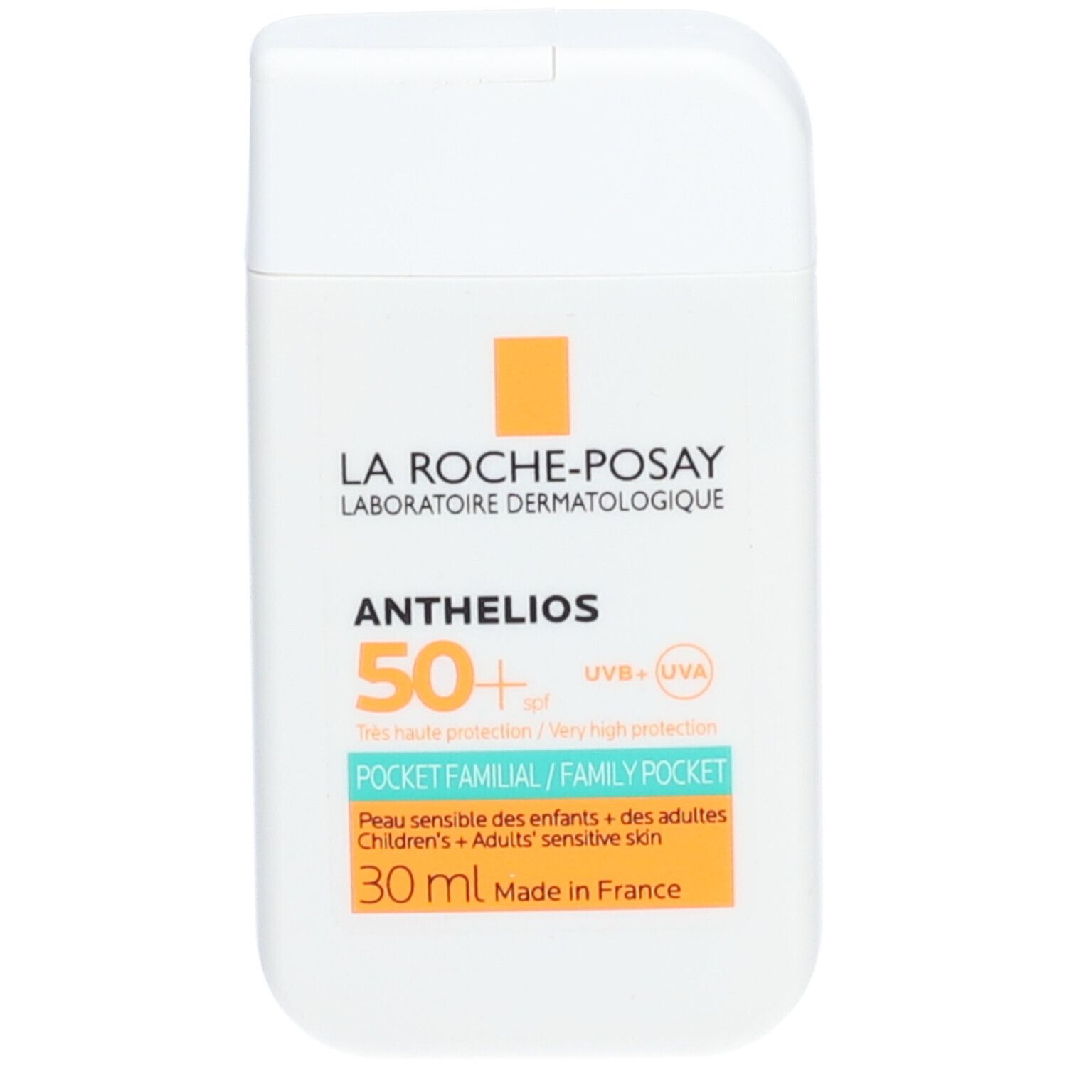 Tube blanc avec textes orange et bleu. Inscription: La Roche-Posay Anthelios 50+ SPF, Pocket Familial, 30 ml.