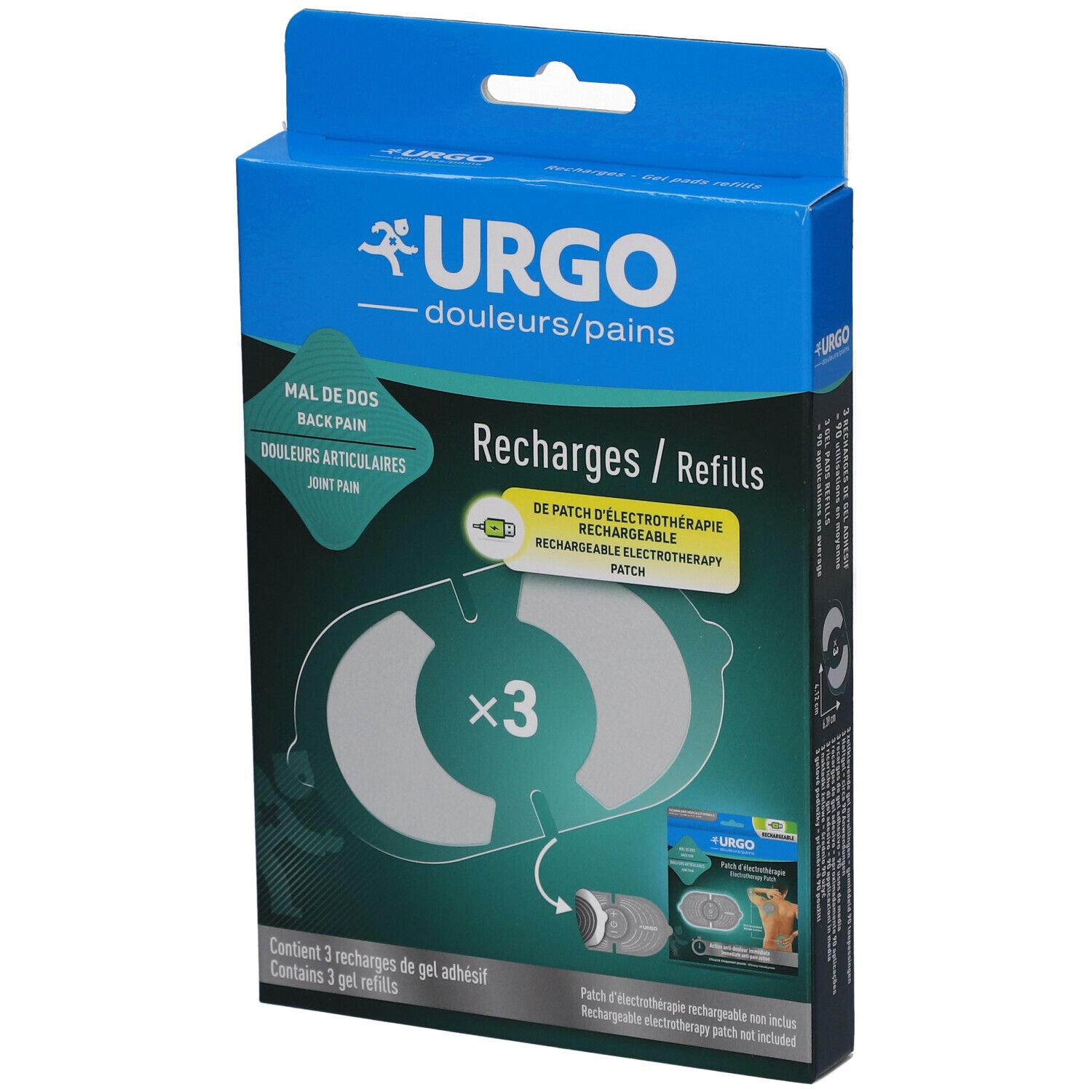 Boîte de recharges pour patch d'électrothérapie URGO. Contient 3 recharges de gel adhésif. Texte en français.