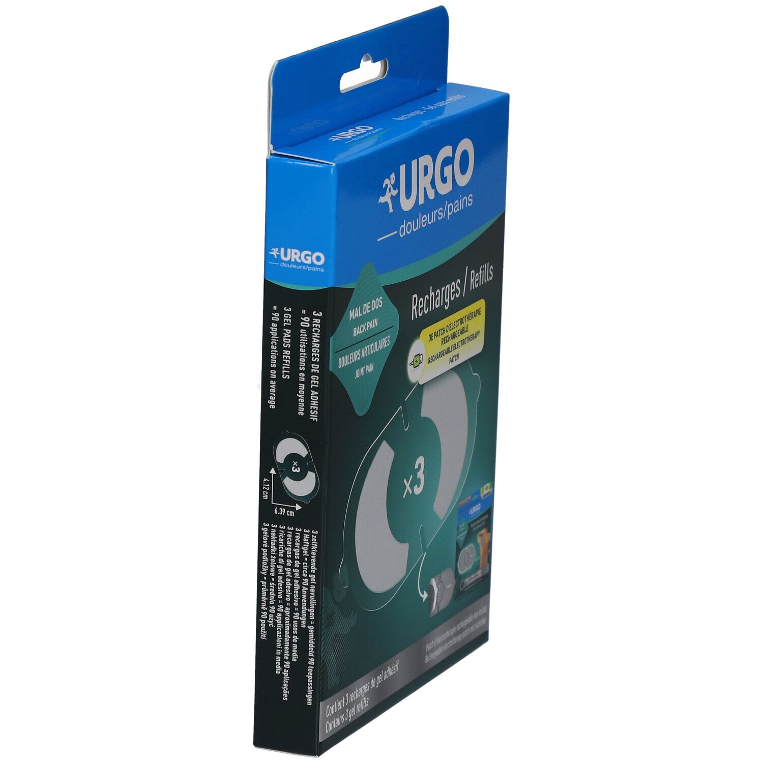Vue latérale de la boîte de recharges URGO. Contient 3 recharges de gel adhésif. Texte et illustrations.