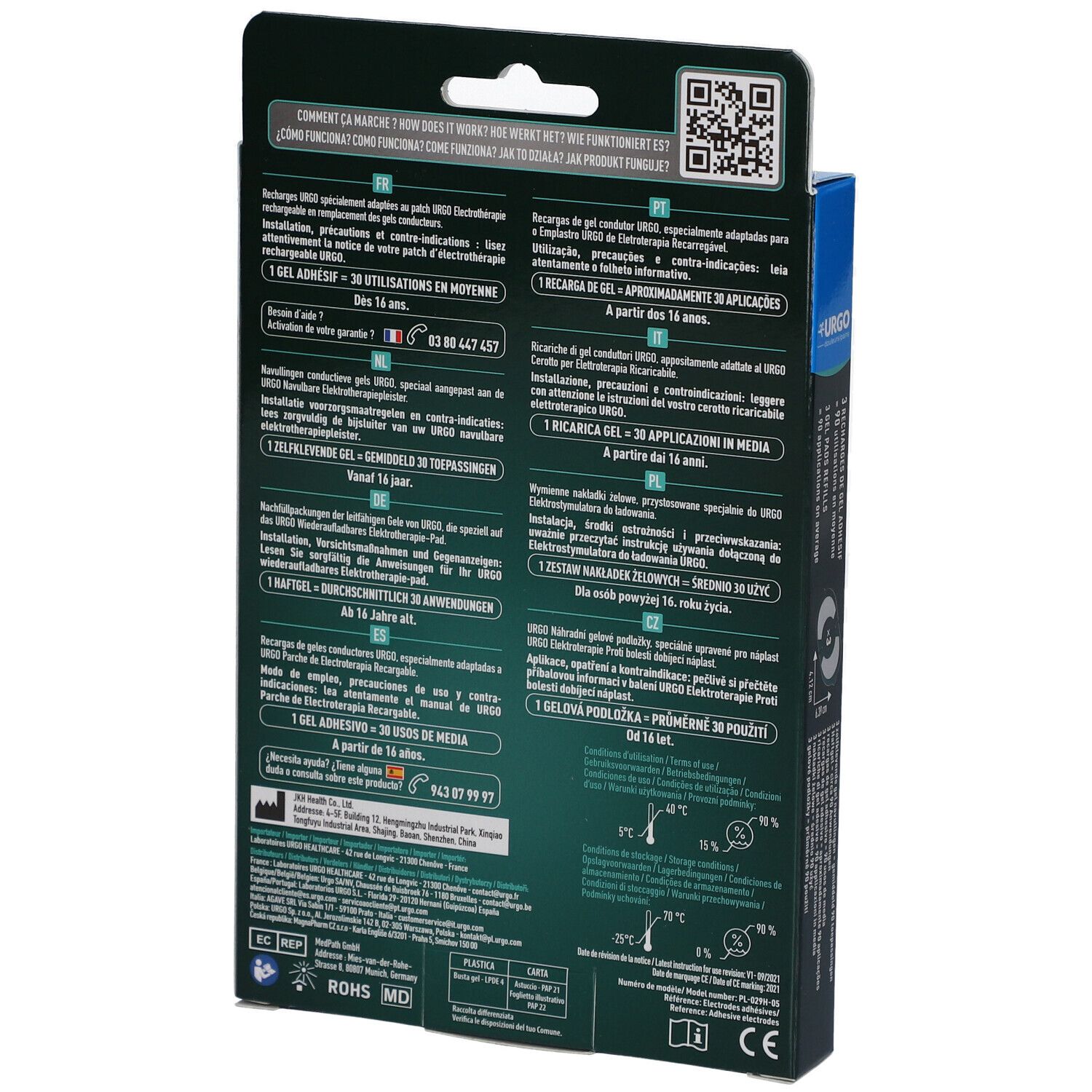 Dos de la boîte de recharges URGO. Informations en plusieurs langues. Instructions et schémas.