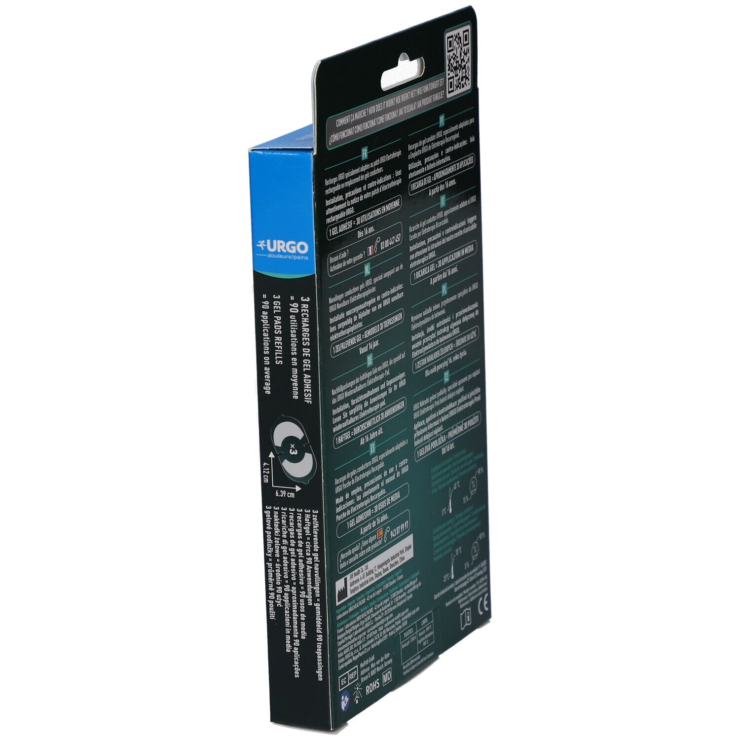 Vue latérale de la boîte de recharges URGO. Informations en plusieurs langues. Instructions et schémas.