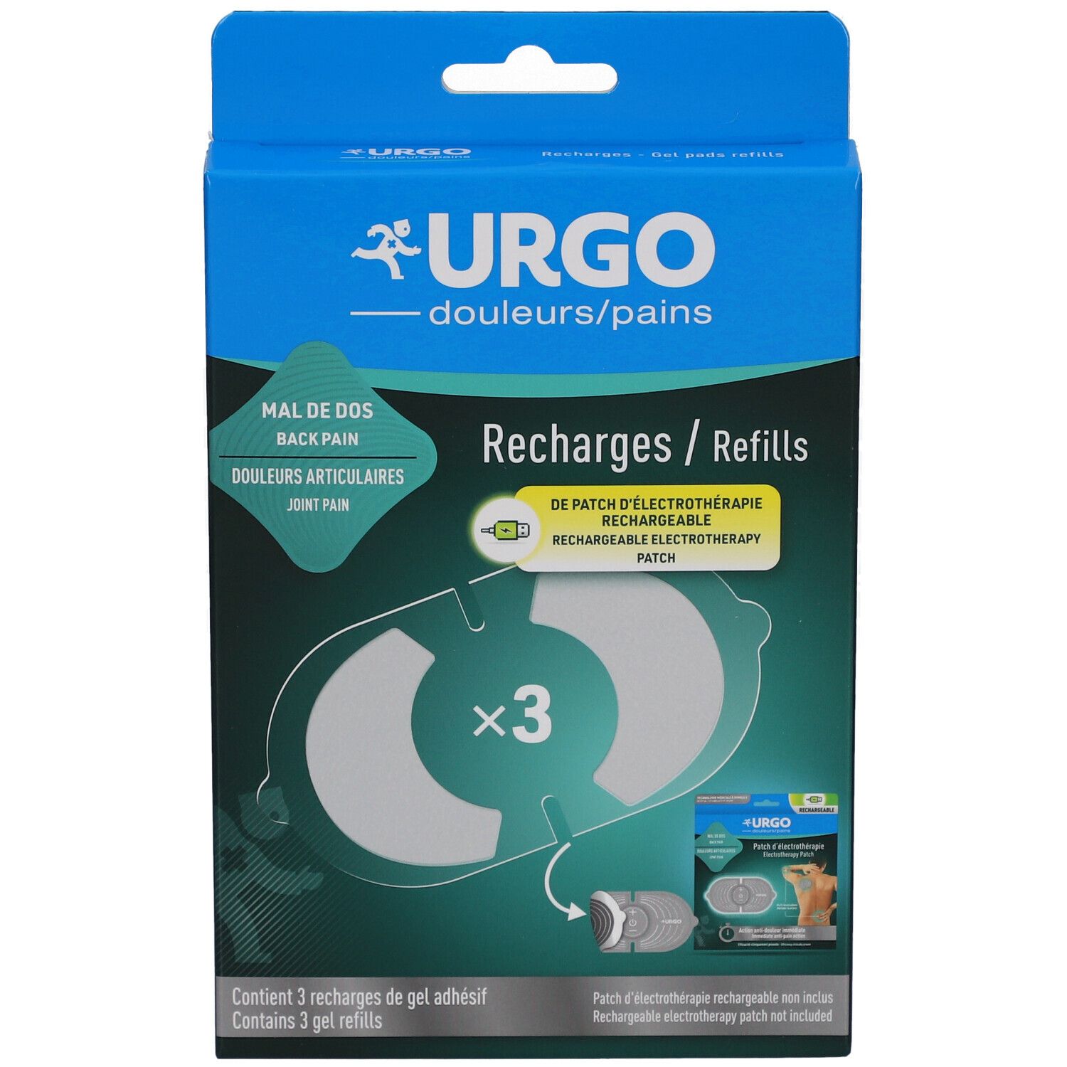 Boîte de recharges pour patch d'électrothérapie URGO. Contient 3 recharges de gel adhésif. Texte en français.