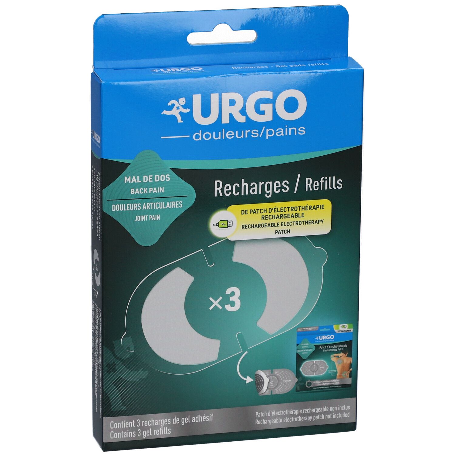 Boîte de recharges pour patch d'électrothérapie URGO. Contient 3 recharges de gel adhésif. Texte en français.