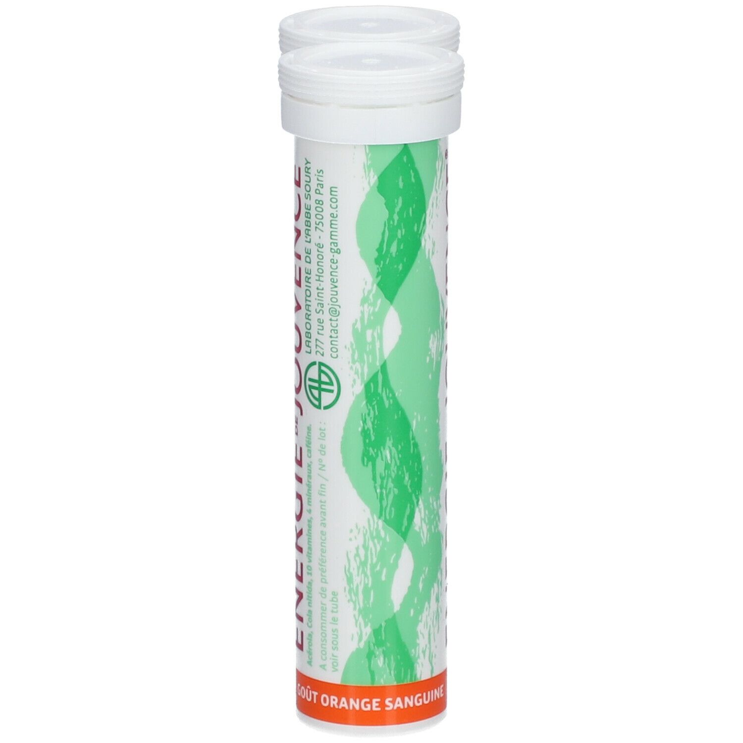 Un tube de comprimés. Inscription: Energie de Jouvence. Motifs de vagues vertes. Goût orange sanguine.