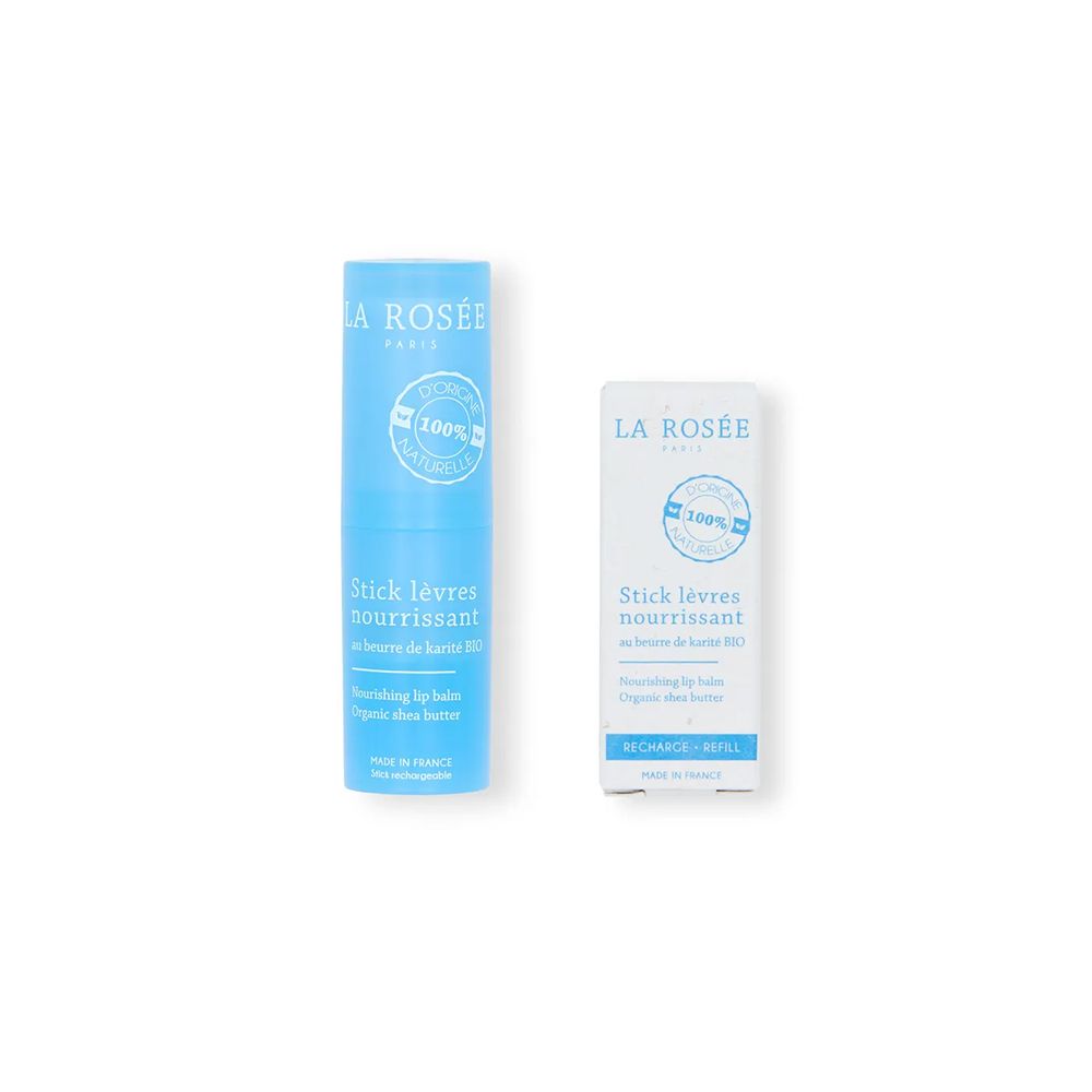Deux sticks à lèvres. Un bleu, un blanc. Inscription: LA ROSÉE, Stick lèvres nourrissant, 100% naturel.