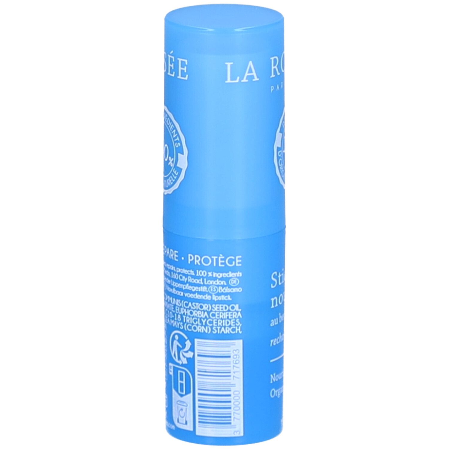 Stick à lèvres bleu. Inscription : LA ROSÉE, Stick lèvres nourrissant, 100% ingrédients naturels. Ingrédients.