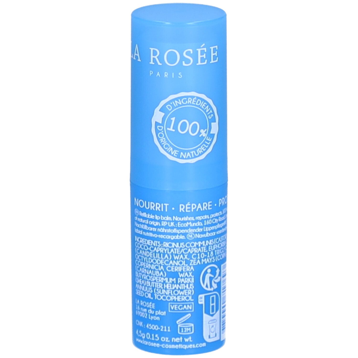 Stick à lèvres bleu. Inscription : LA ROSÉE, Stick lèvres nourrissant, 100% ingrédients naturels. Vegan.