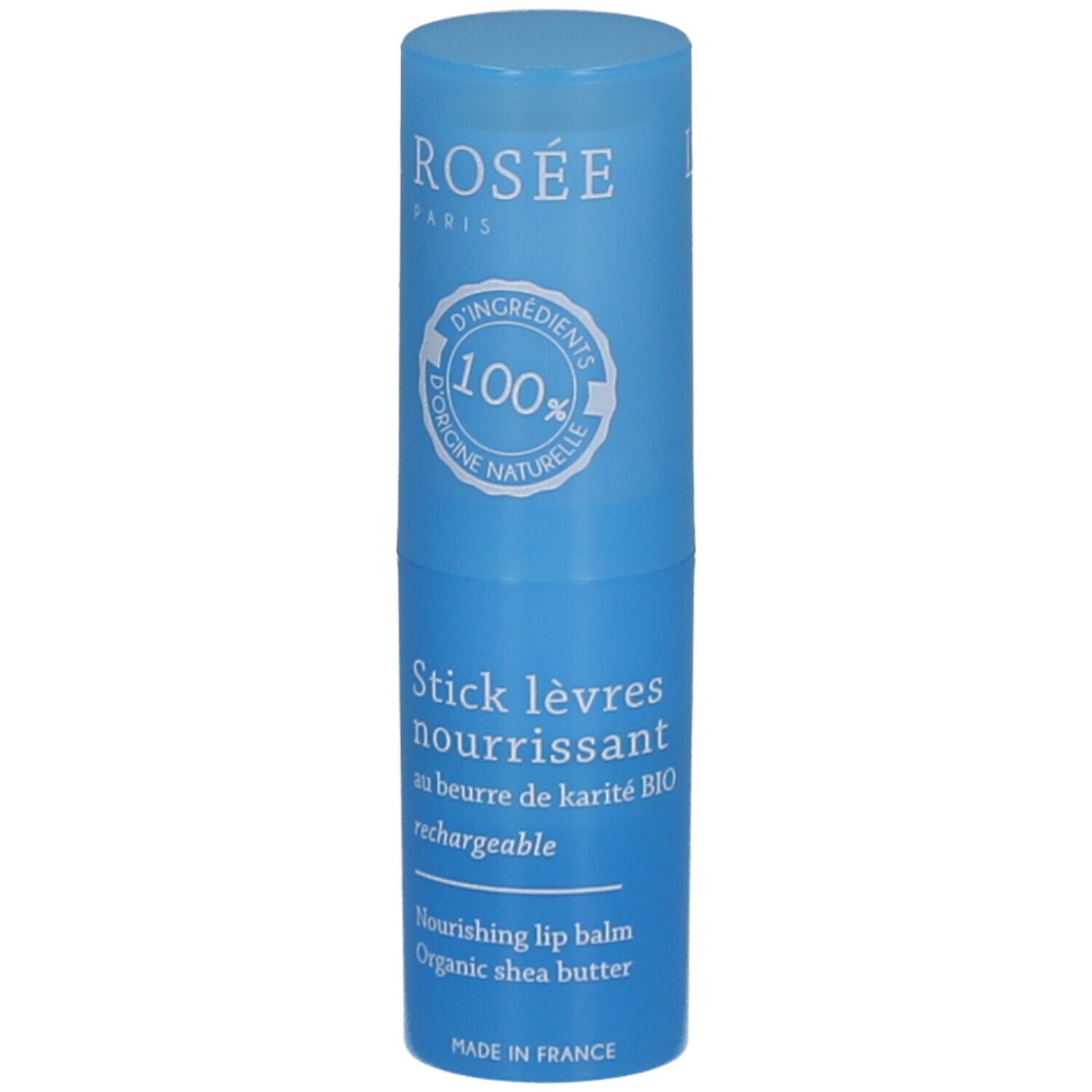 Stick à lèvres bleu. Inscription : LA ROSÉE, Stick lèvres nourrissant, 100% ingrédients naturels. 4,5g.