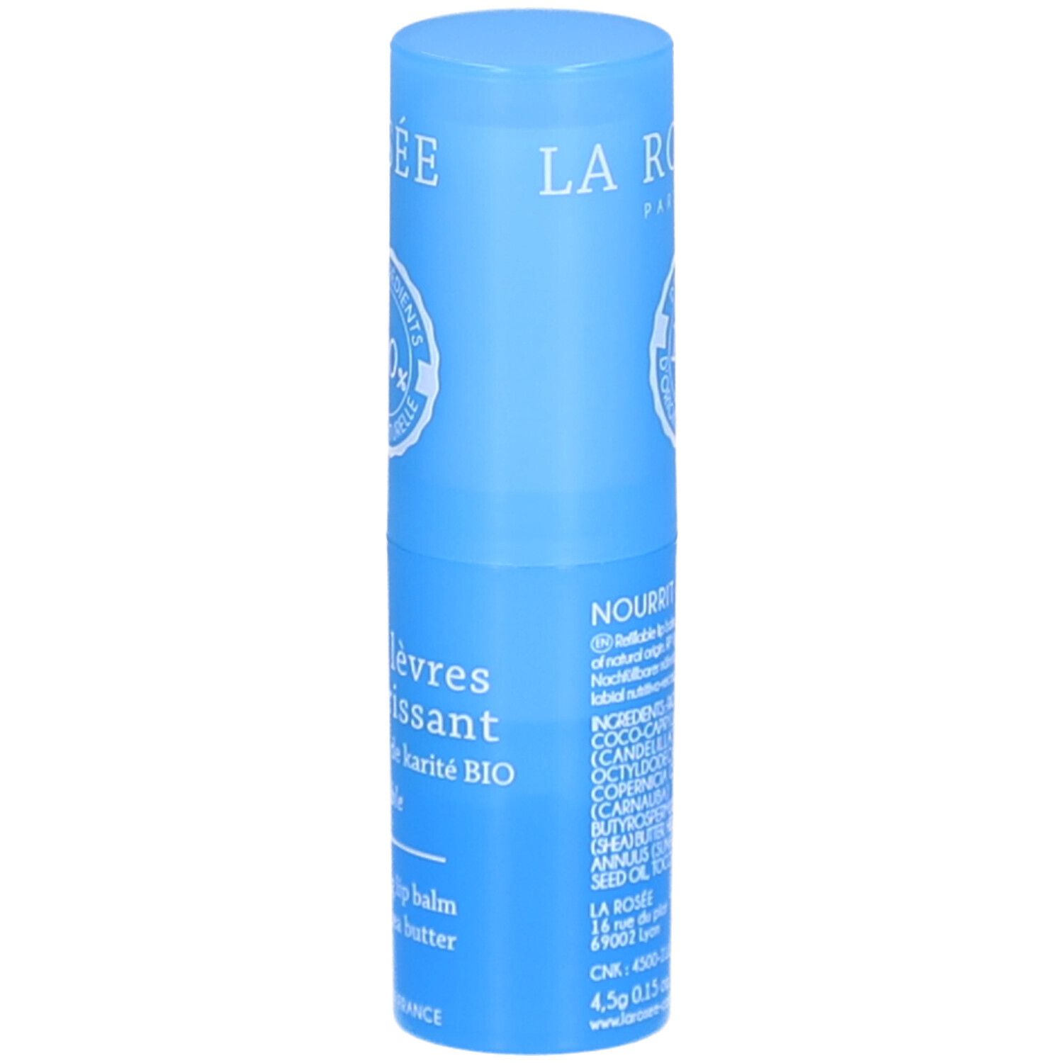 Stick à lèvres bleu. Inscription : LA ROSÉE, Stick lèvres nourrissant, 100% ingrédients naturels. Rechargeable.