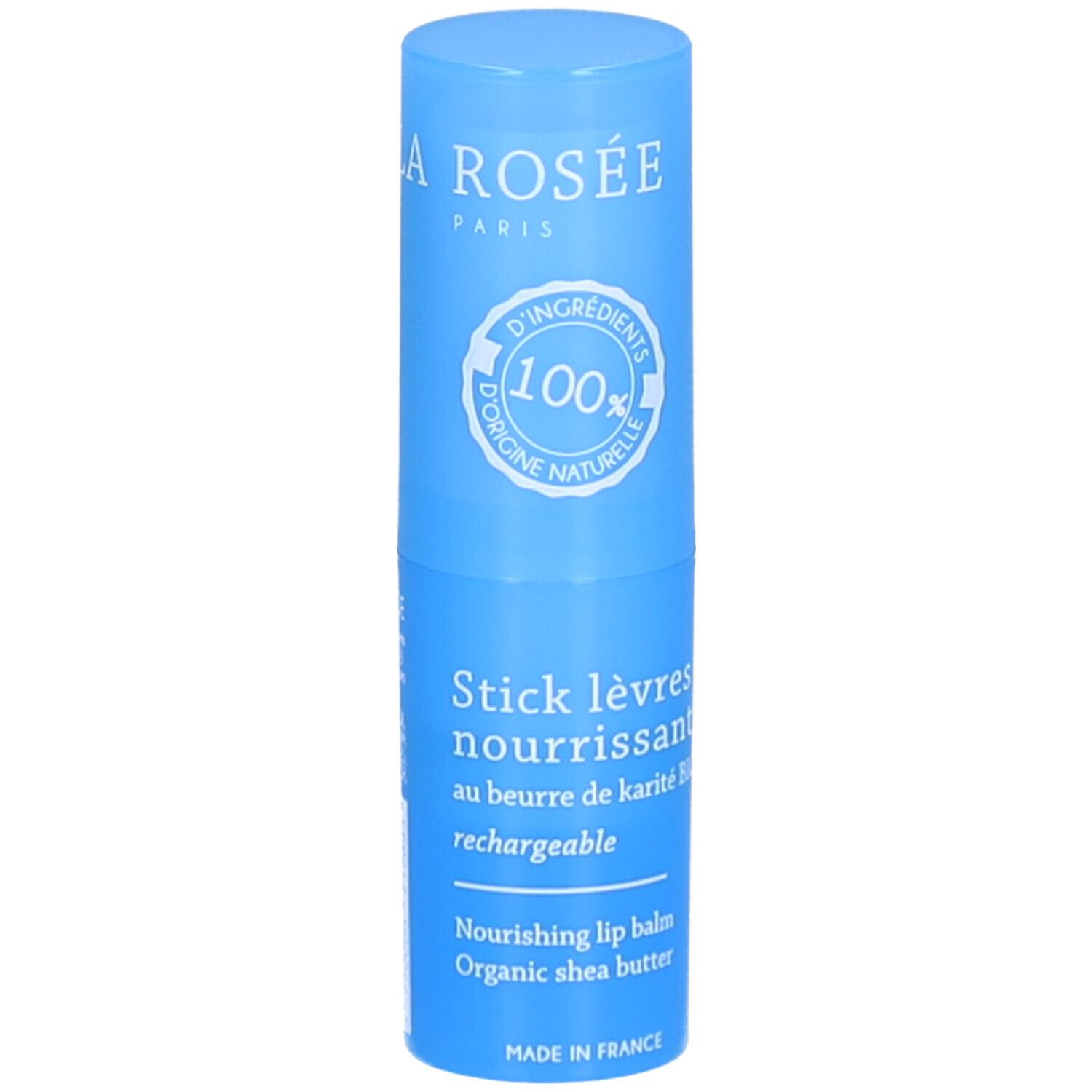 Stick à lèvres bleu. Inscription : LA ROSÉE, Stick lèvres nourrissant, 100% ingrédients naturels. Rechargeable.