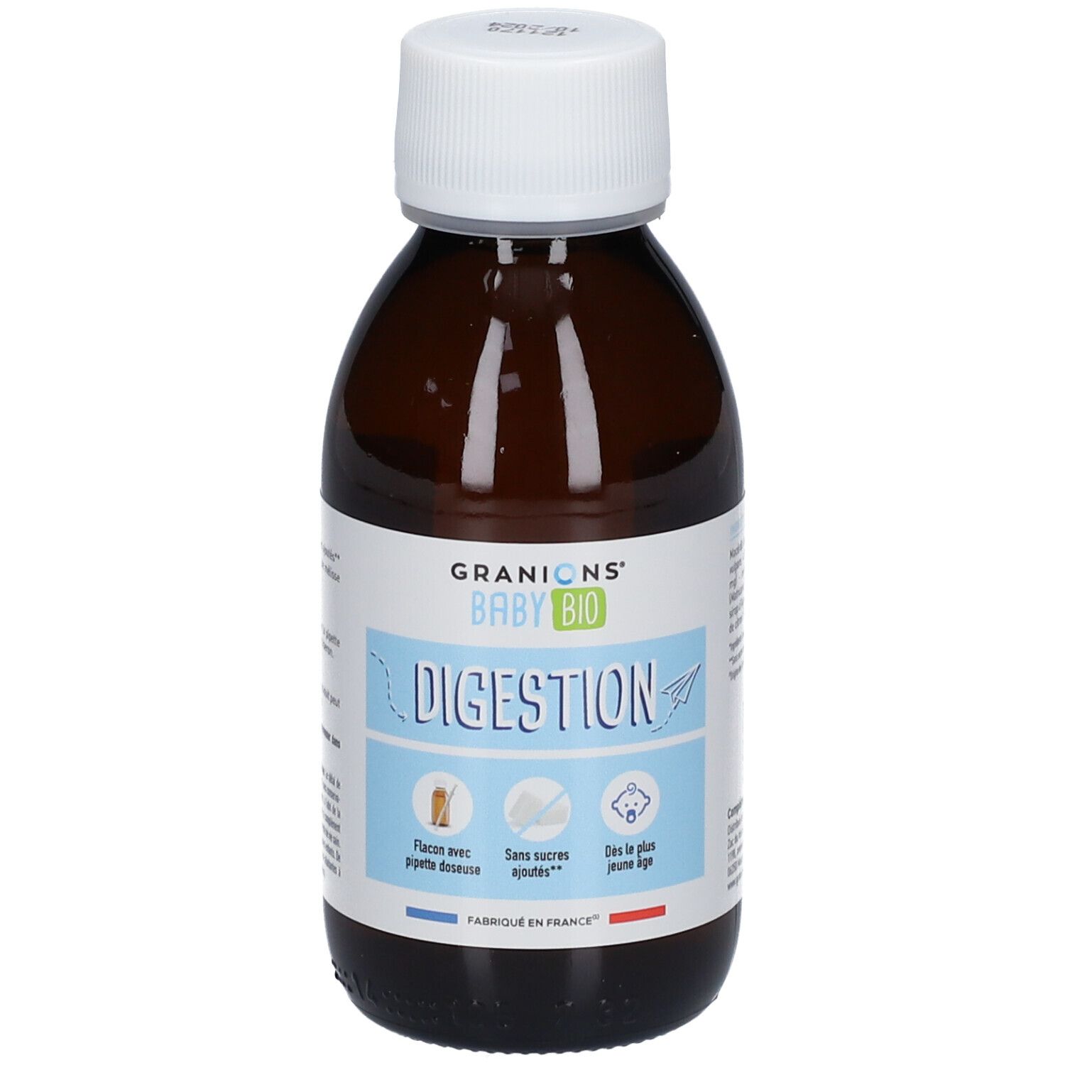 Flacon brun avec bouchon blanc. Inscription: GRANIONS® BABY BIO DIGESTION. Étiquette bleue avec texte et illustrations.