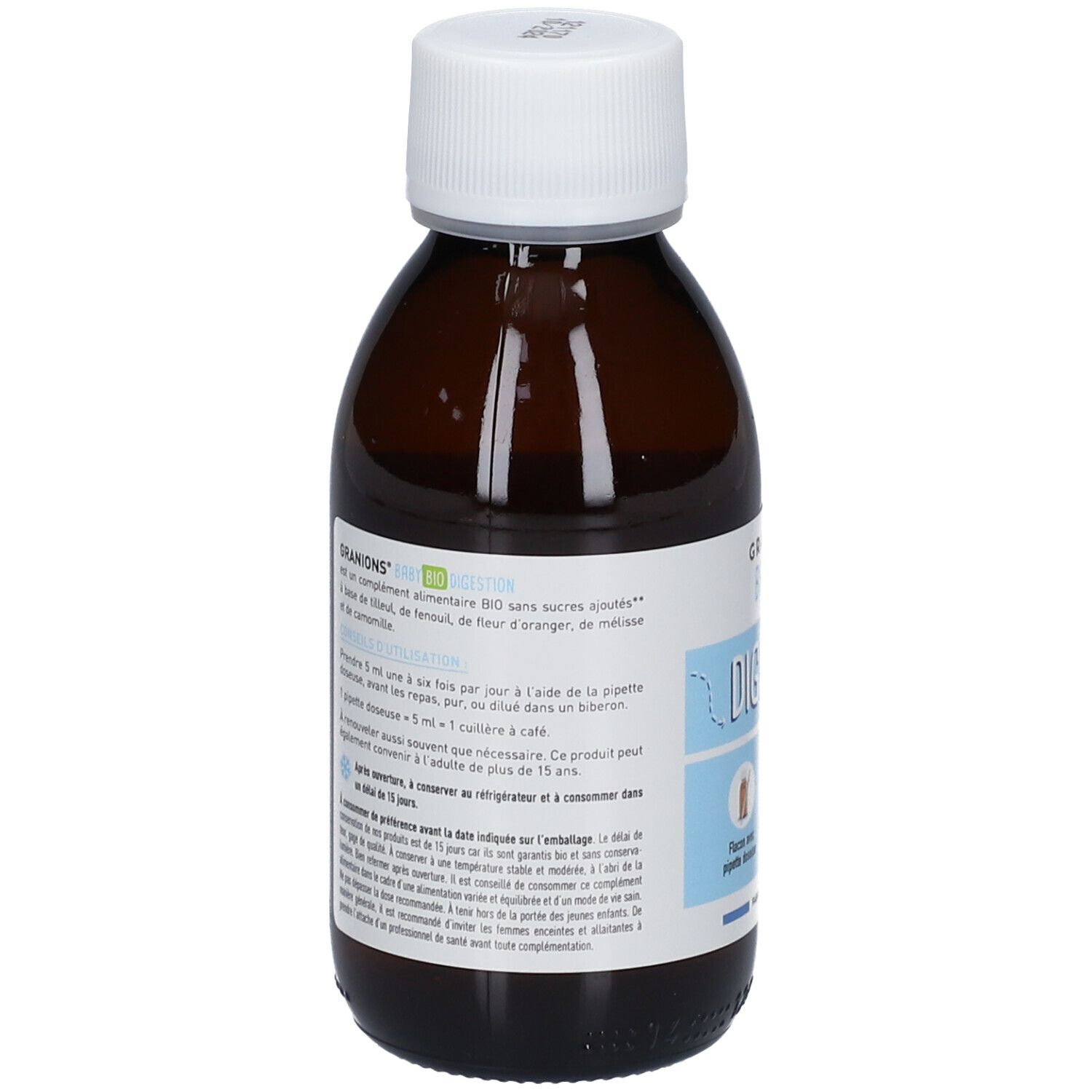 Dos du flacon brun. Texte sur étiquette blanche. Informations sur le produit et son utilisation.