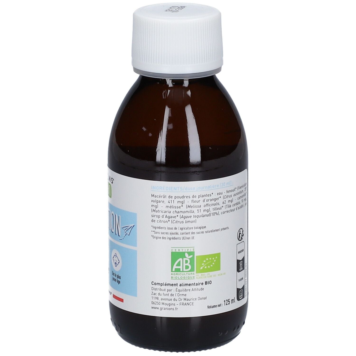 Dos du flacon brun. Texte sur étiquette blanche. Liste des ingrédients et certification biologique.