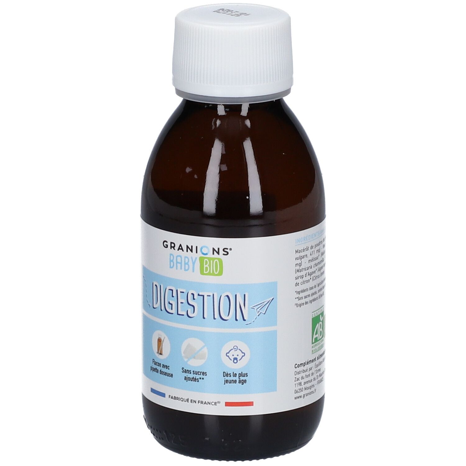 Flacon brun avec bouchon blanc. Inscription: GRANIONS® BABY BIO DIGESTION. Étiquette bleue avec texte et illustrations.
