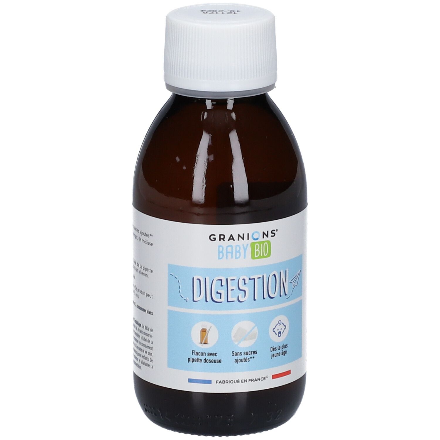 Flacon brun avec bouchon blanc. Inscription: GRANIONS® BABY BIO DIGESTION. Étiquette bleue avec texte et illustrations.
