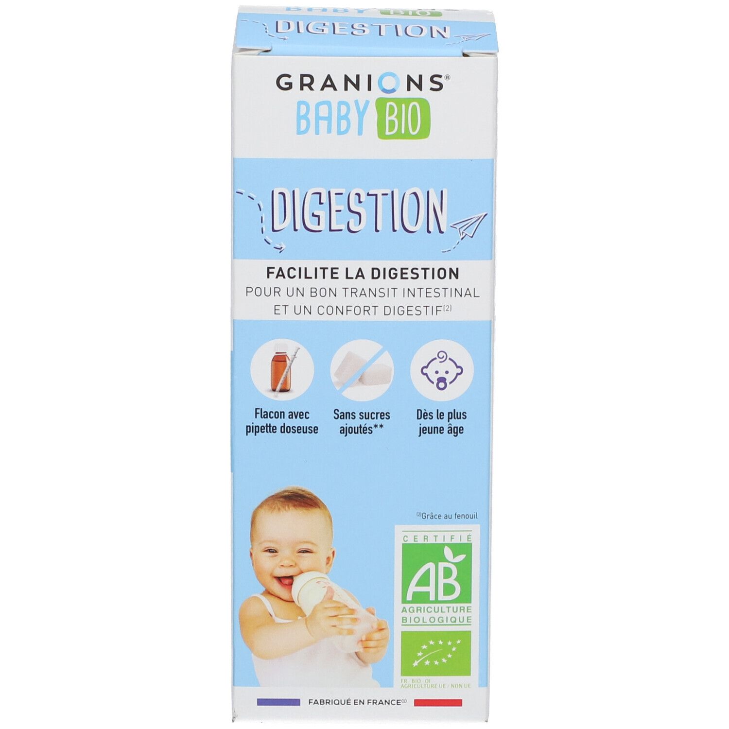 Emballage du produit. Emballage bleu et blanc avec nom du produit, illustration de bébé et certification biologique.