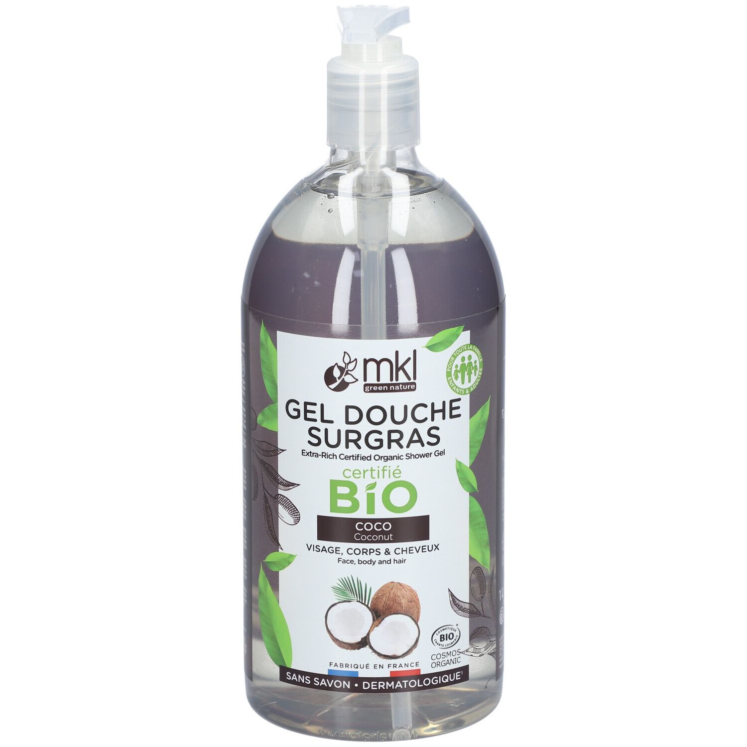 Flacon transparent avec pompe. Étiquette avec nom du produit: Gel Douche Surgras, certifié Bio, Coco. Illustration de noix de coco.