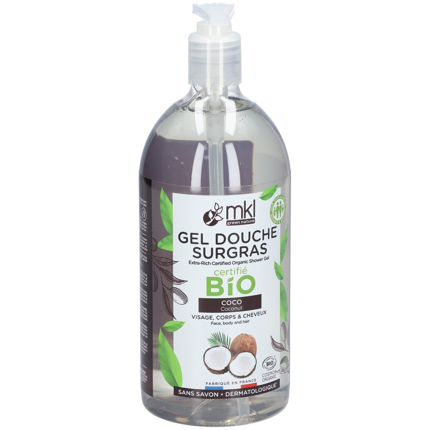Flacon transparent avec pompe. Étiquette avec nom du produit: Gel Douche Surgras, certifié Bio, Coco. Illustration de noix de coco.