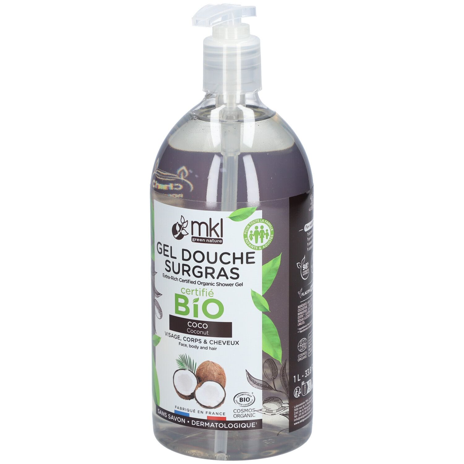 Flacon transparent avec pompe. Étiquette avec nom du produit: Gel Douche Surgras, certifié Bio, Coco. Illustration de noix de coco.