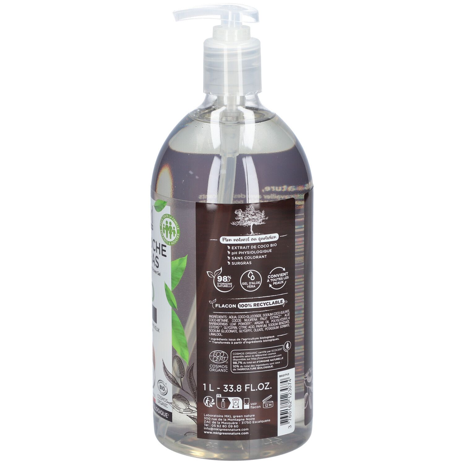 Dos du flacon transparent avec pompe. Étiquette avec informations produit. Texte multilingue. Indication de volume: 1L.