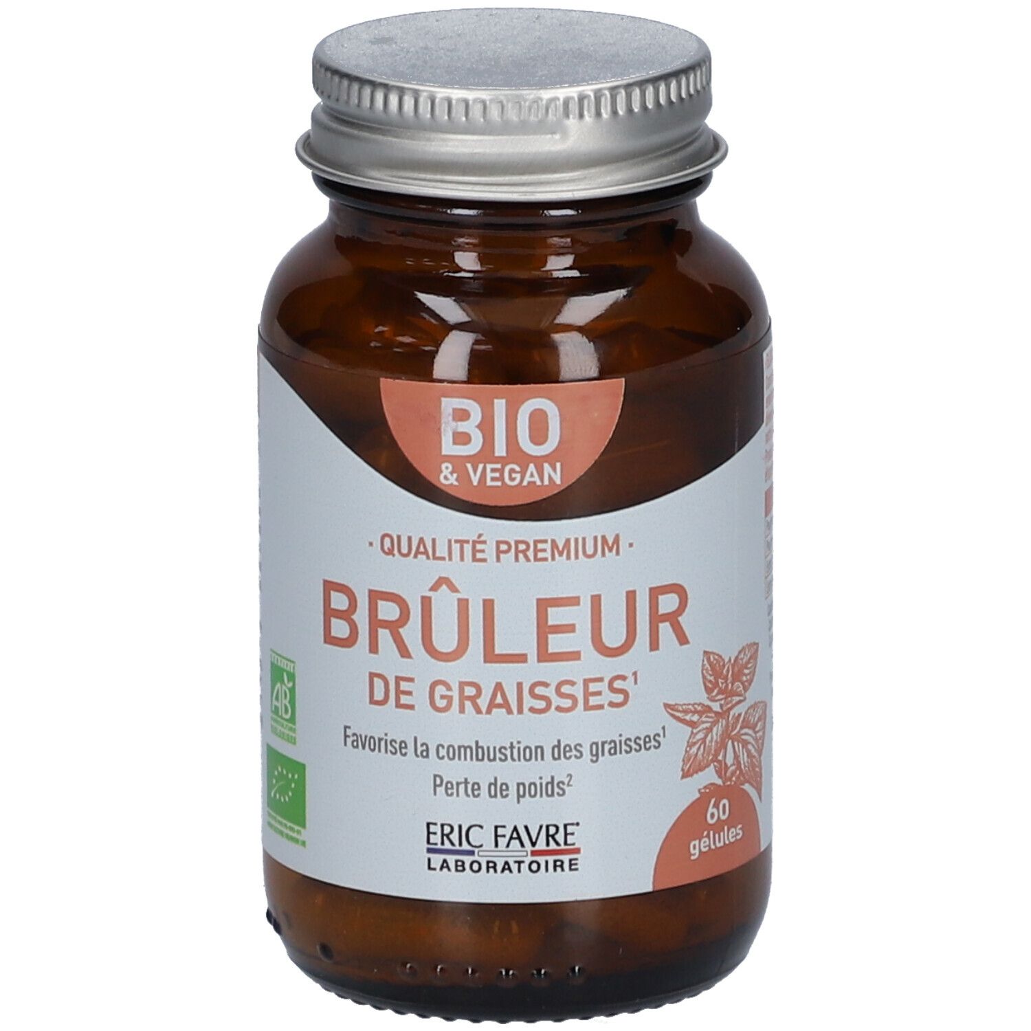 Flacon en verre brun avec capsules. Étiquette "BIO & VEGAN", "BRÛLEUR DE GRAISSES" et "ERIC FAVRE".