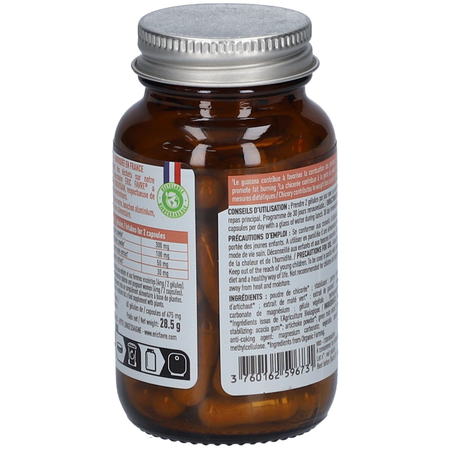 Dos du flacon en verre brun. Étiquette avec ingrédients, logo AB et informations nutritionnelles.