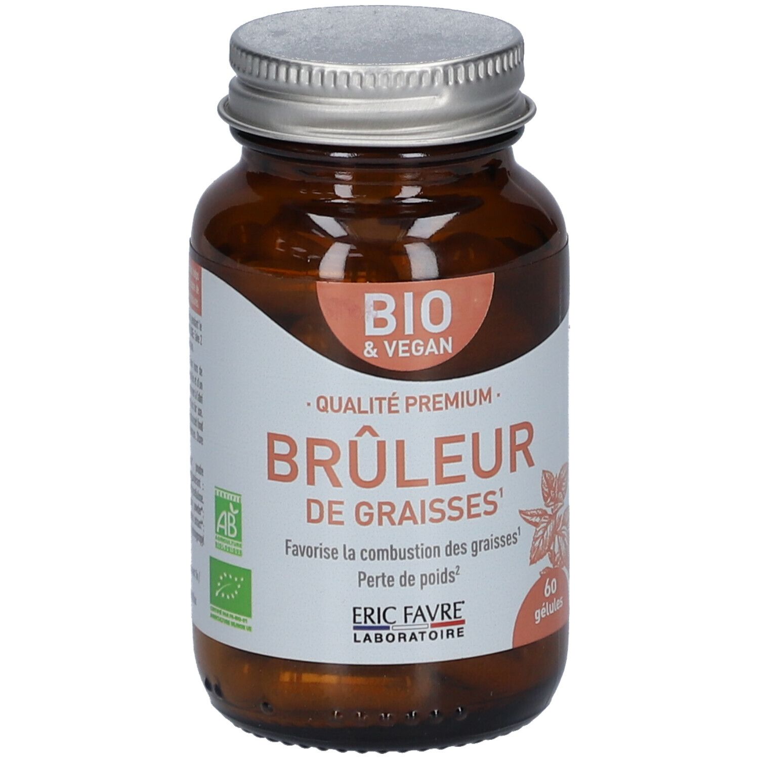 Flacon en verre brun avec capsules. Étiquette "BIO & VEGAN", "BRÛLEUR DE GRAISSES" et "ERIC FAVRE".