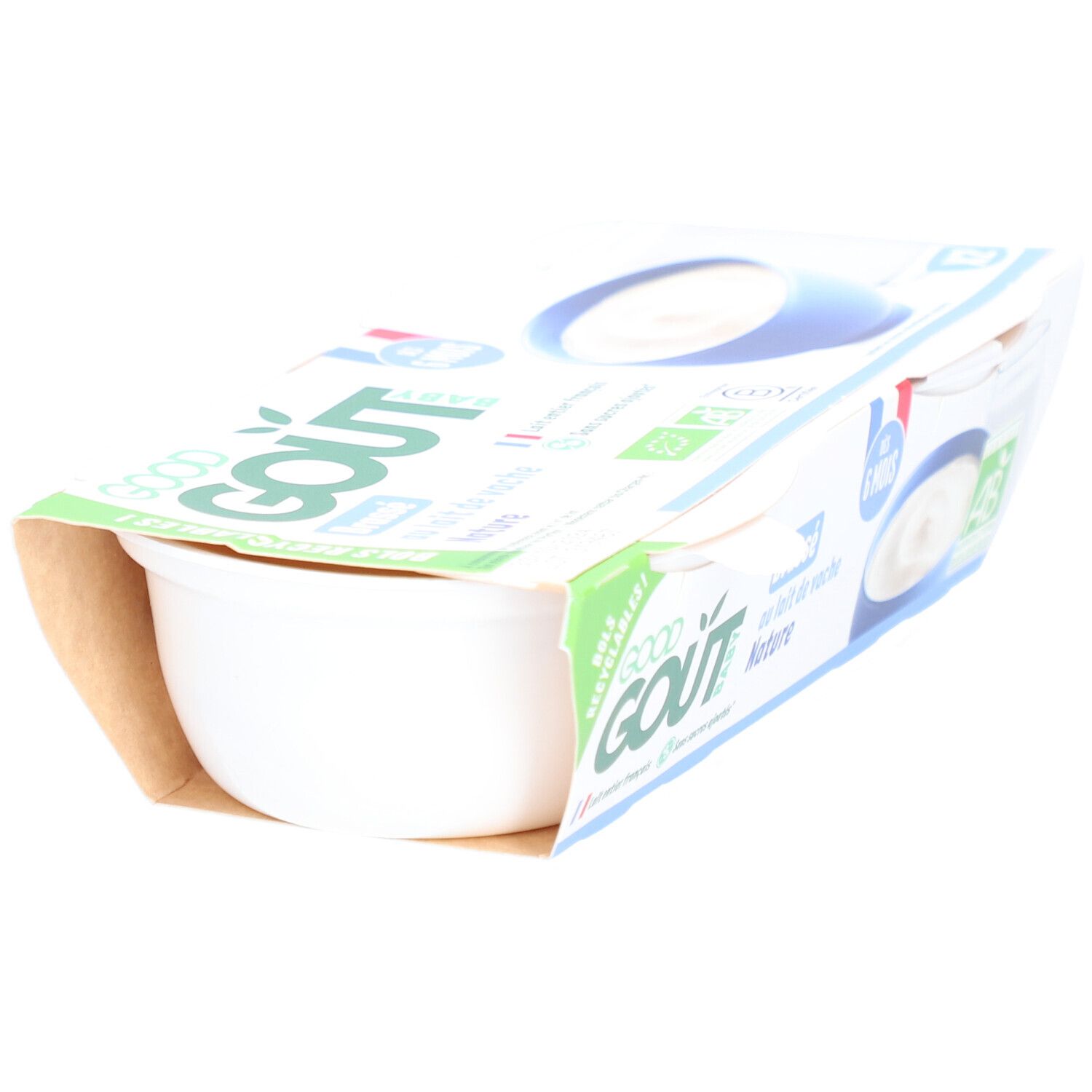 Pot de yaourt Good Goût, emballage ouvert. Yaourt nature. Couvercle bleu. Contenant blanc.