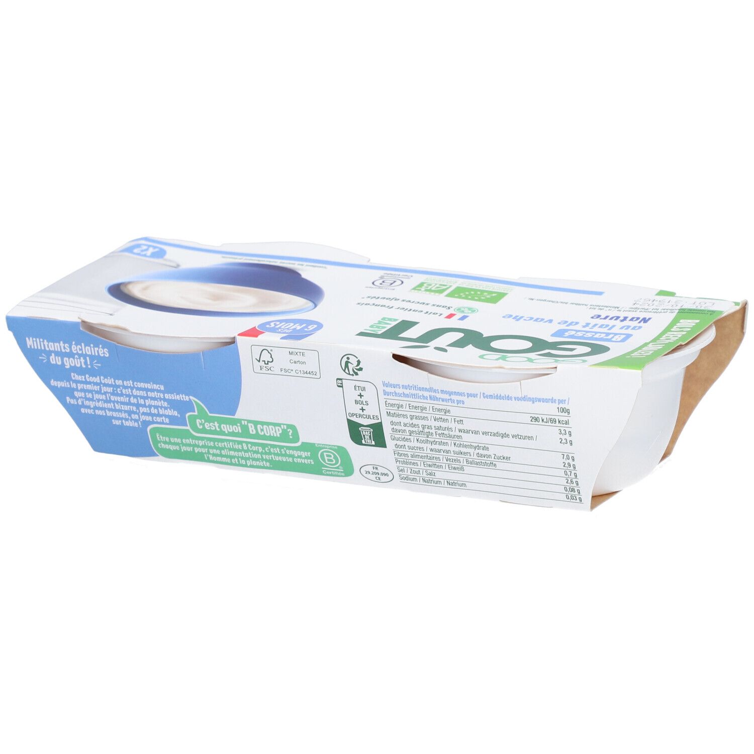 Emballage de deux yaourts. Marque Good Goût. Informations nutritionnelles. Couvercle bleu.