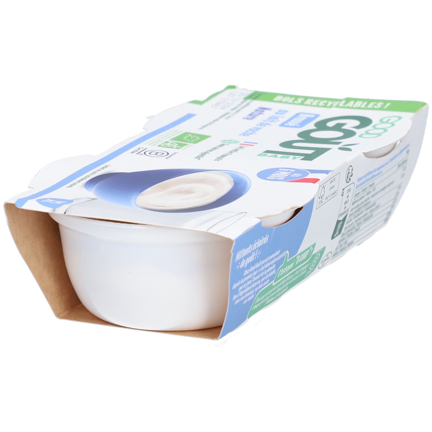 Pot de yaourt Good Goût, emballage ouvert. Yaourt nature. Couvercle bleu. Contenant blanc.