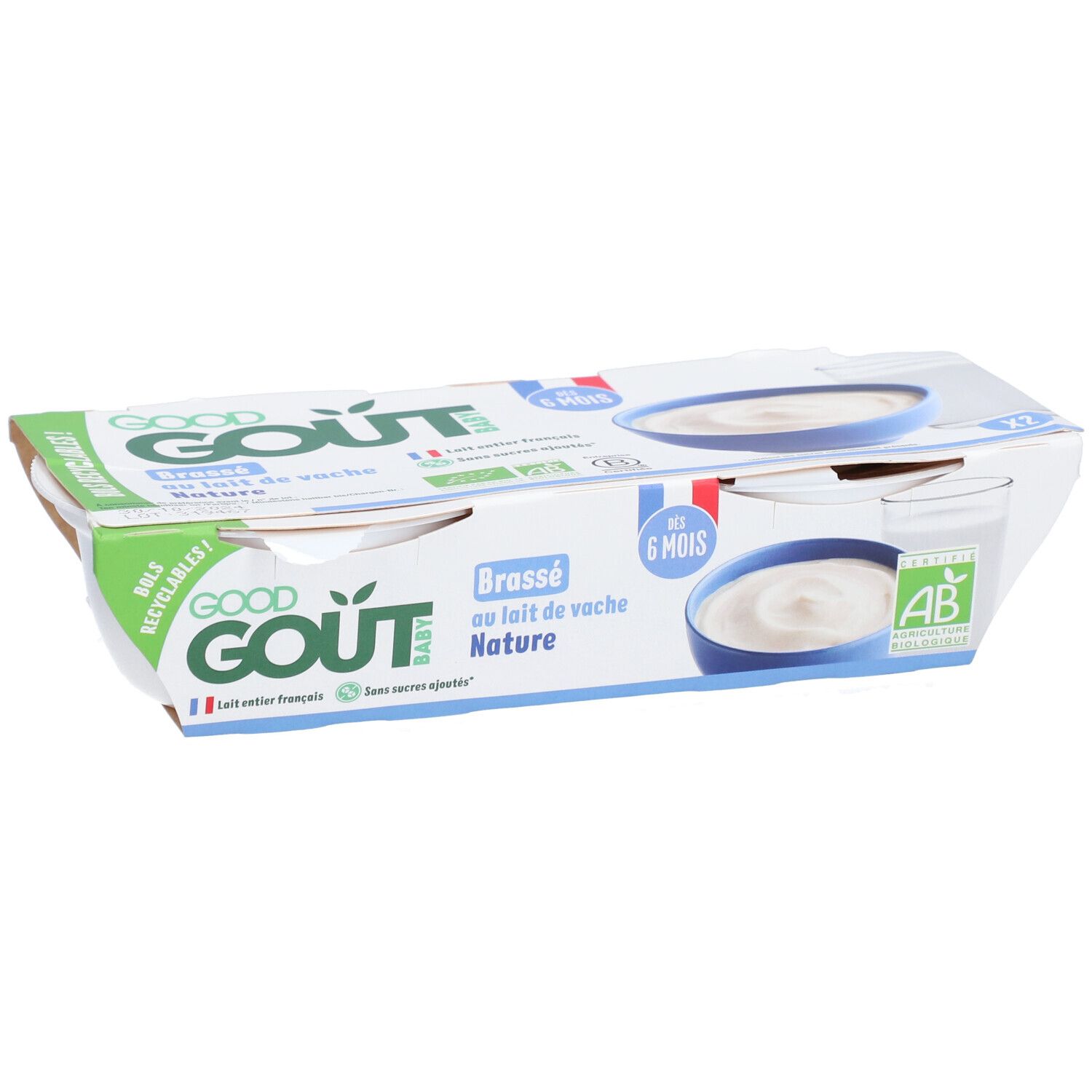 Emballage de deux yaourts. Marque Good Goût. Inscription 'Brassé au lait de vache Nature'.