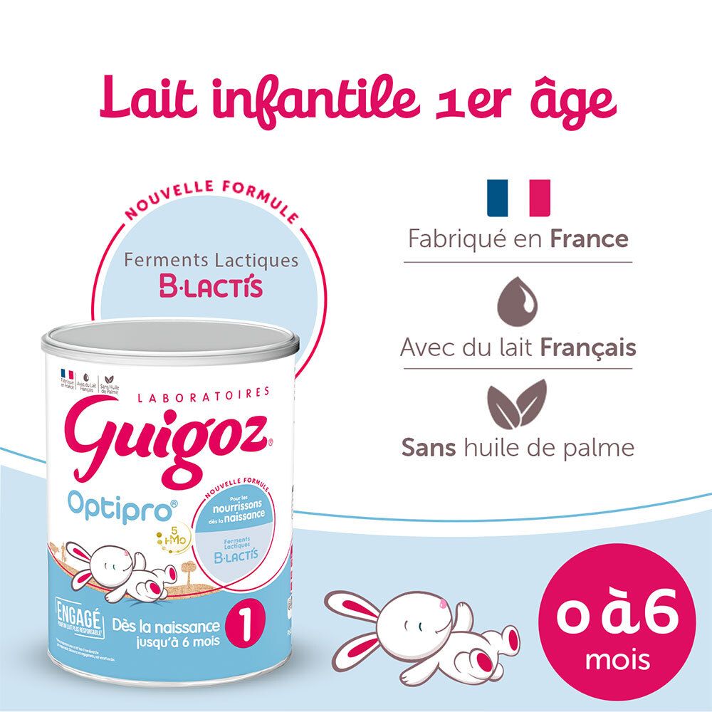 Publicité pour Guigoz Optipro 1. Boîte avec texte: Lait infantile 1er âge. Fabriqué en France.