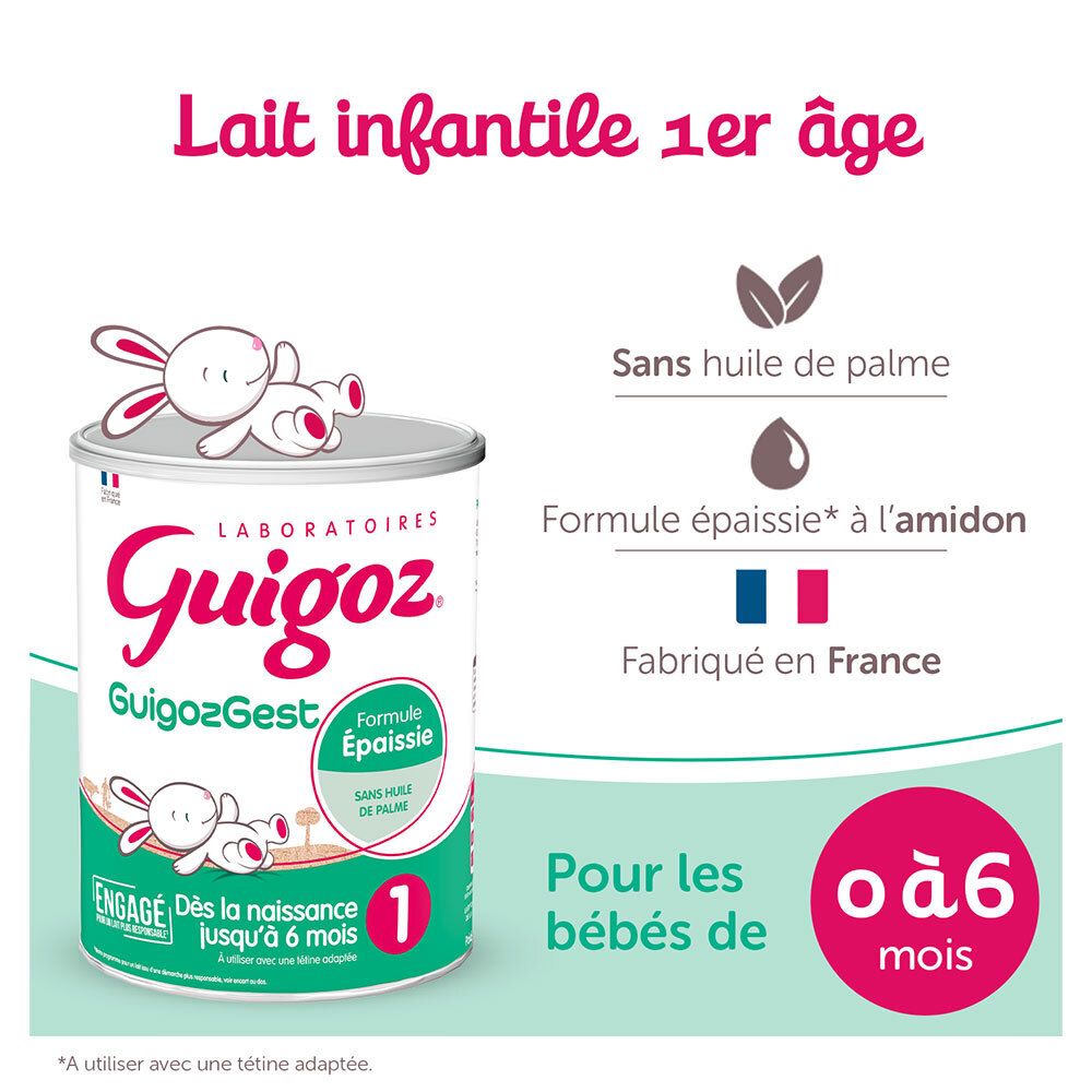 Lait infantile Guigoz 2Gest 1 Formule Epaissie. Sans huile de palme. Fabriqué en France. Pour bébés de 0 à 6 mois.
