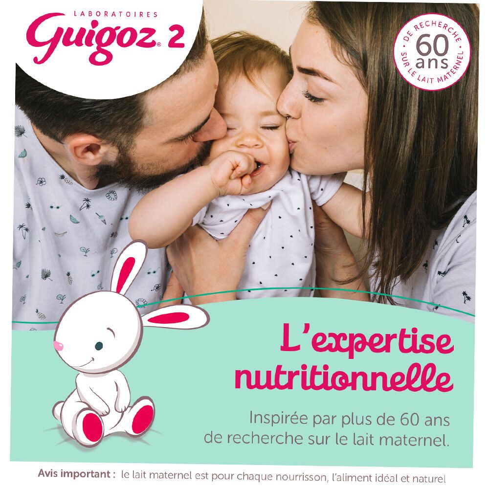 Parents embrassant bébé. Texte: L'expertise nutritionnelle. Plus de 60 ans de recherche. Guigoz. Lait infantile.