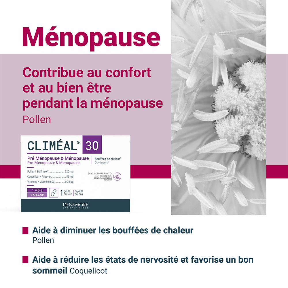 Publicité pour Climeal 30. Montre un emballage et du texte sur la ménopause. Avec pollen comme ingrédient.