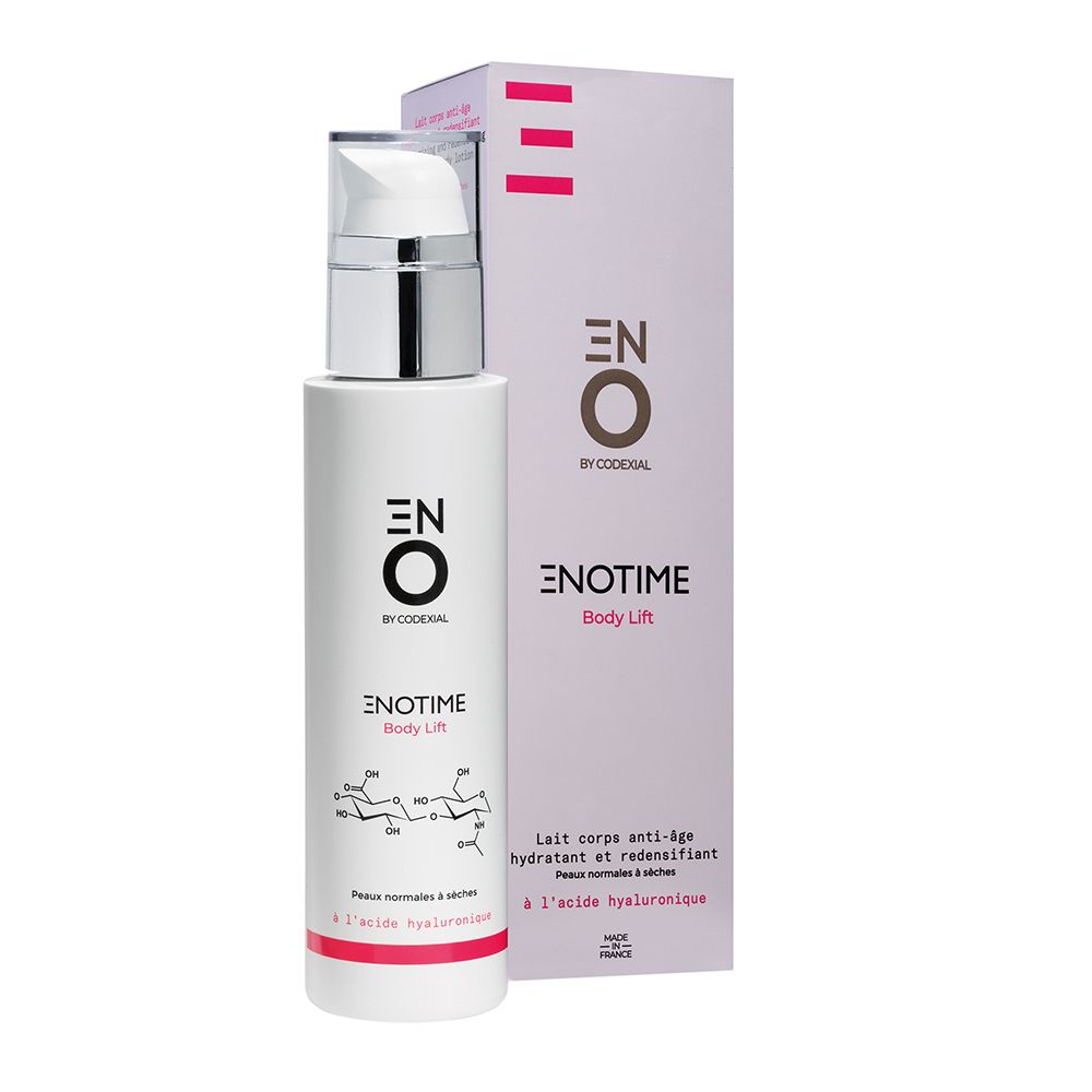 Flacon blanc avec pompe argentée. Inscription : ENO by Coderal, Enotime Body Lift. Avec emballage.