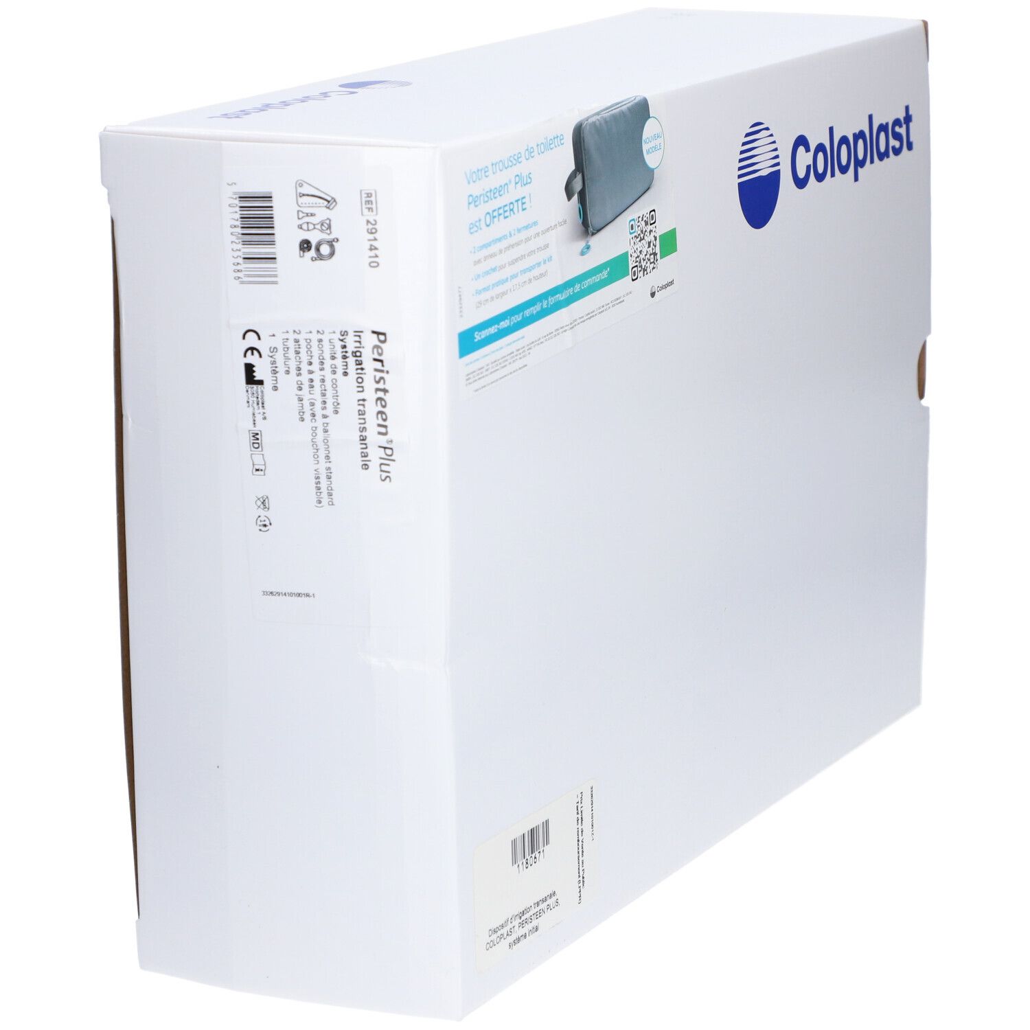 Boîte en carton blanche avec logo Coloplast. Impression et illustration du produit PERISTEEN PLUS. Vue latérale.
