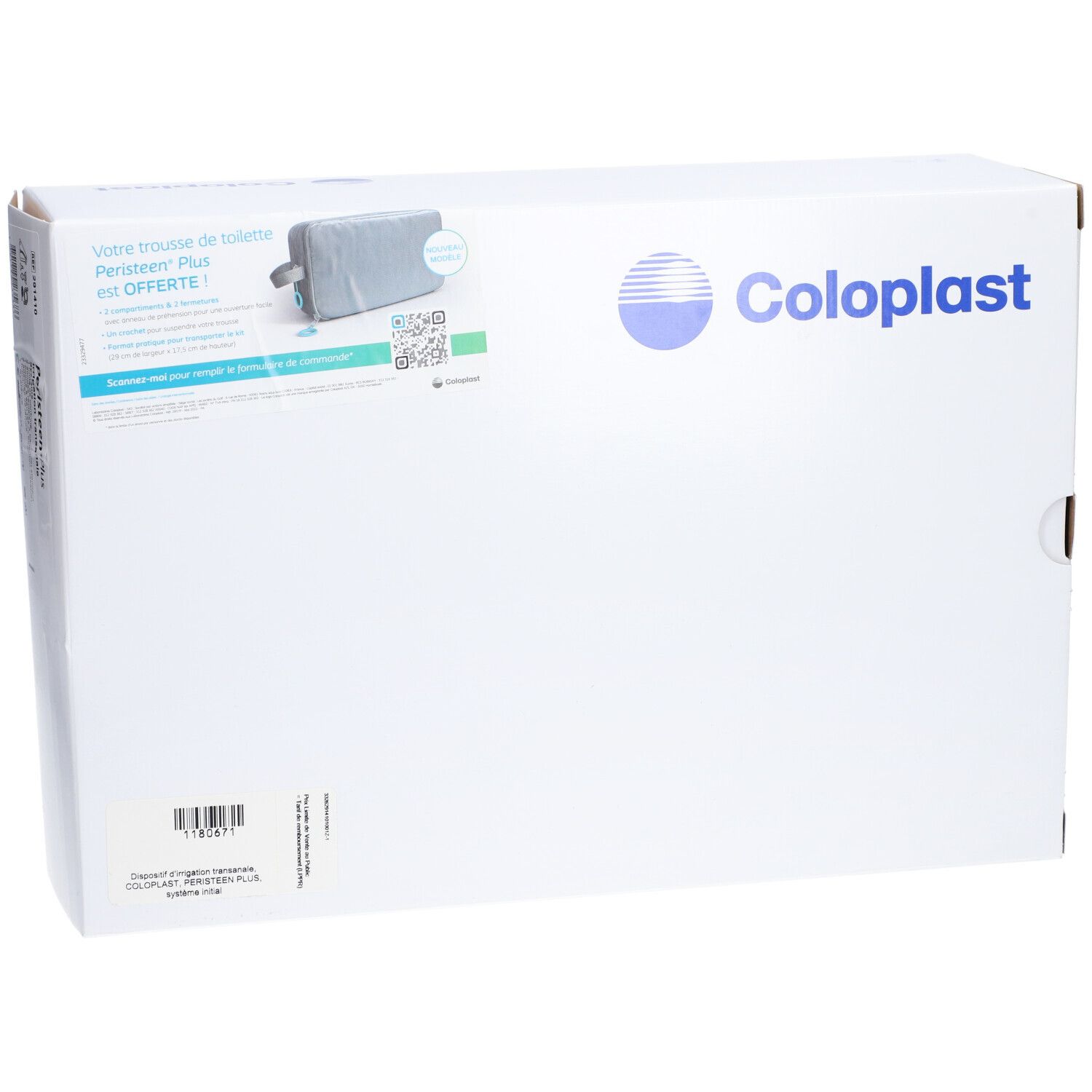 Boîte en carton blanche avec logo Coloplast. Impression et illustration du produit PERISTEEN PLUS.