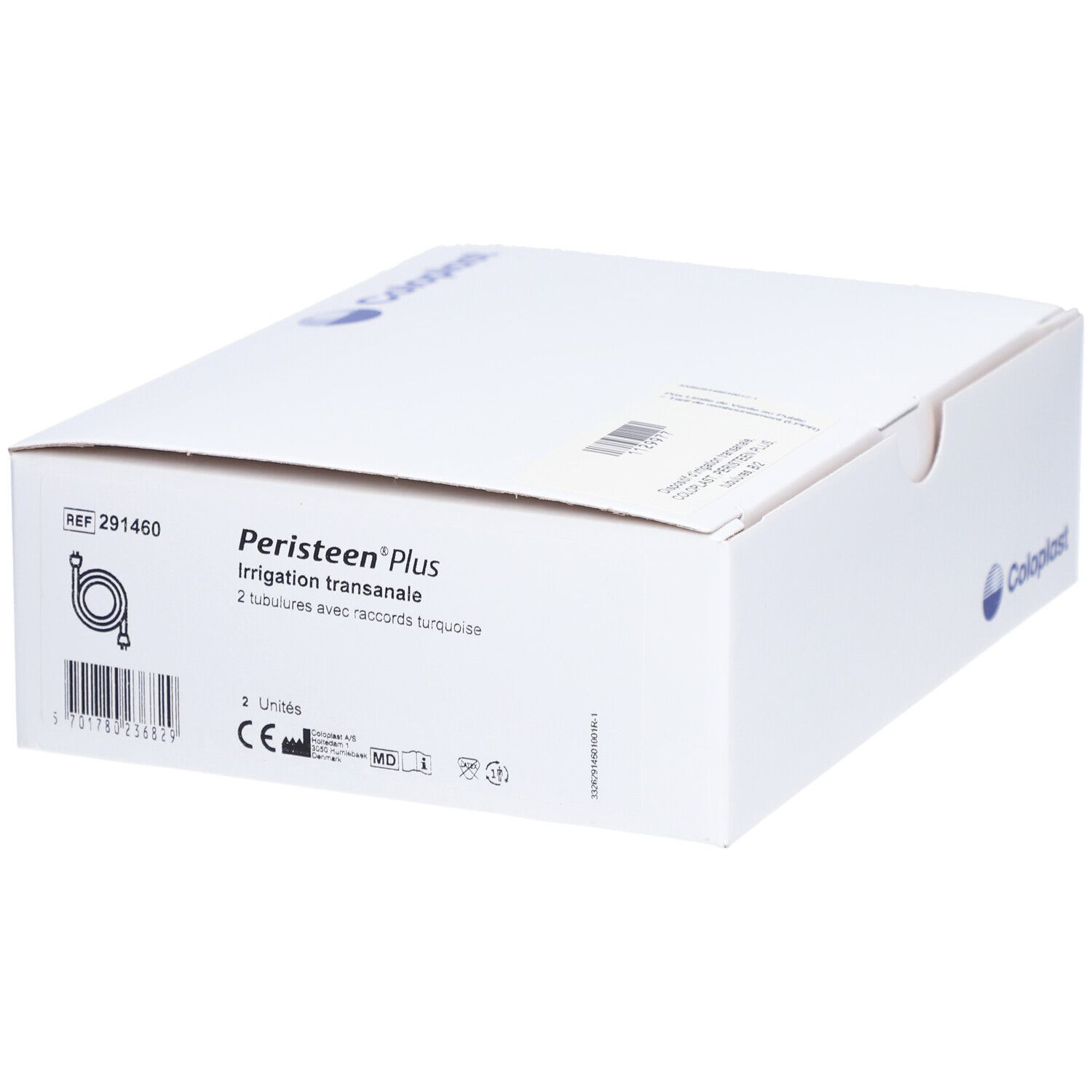 Boîte blanche avec texte: Peristeen Plus Irrigation transanale. 2 tubulures avec raccords turquoise. Marquage CE. Logo Coloplast.