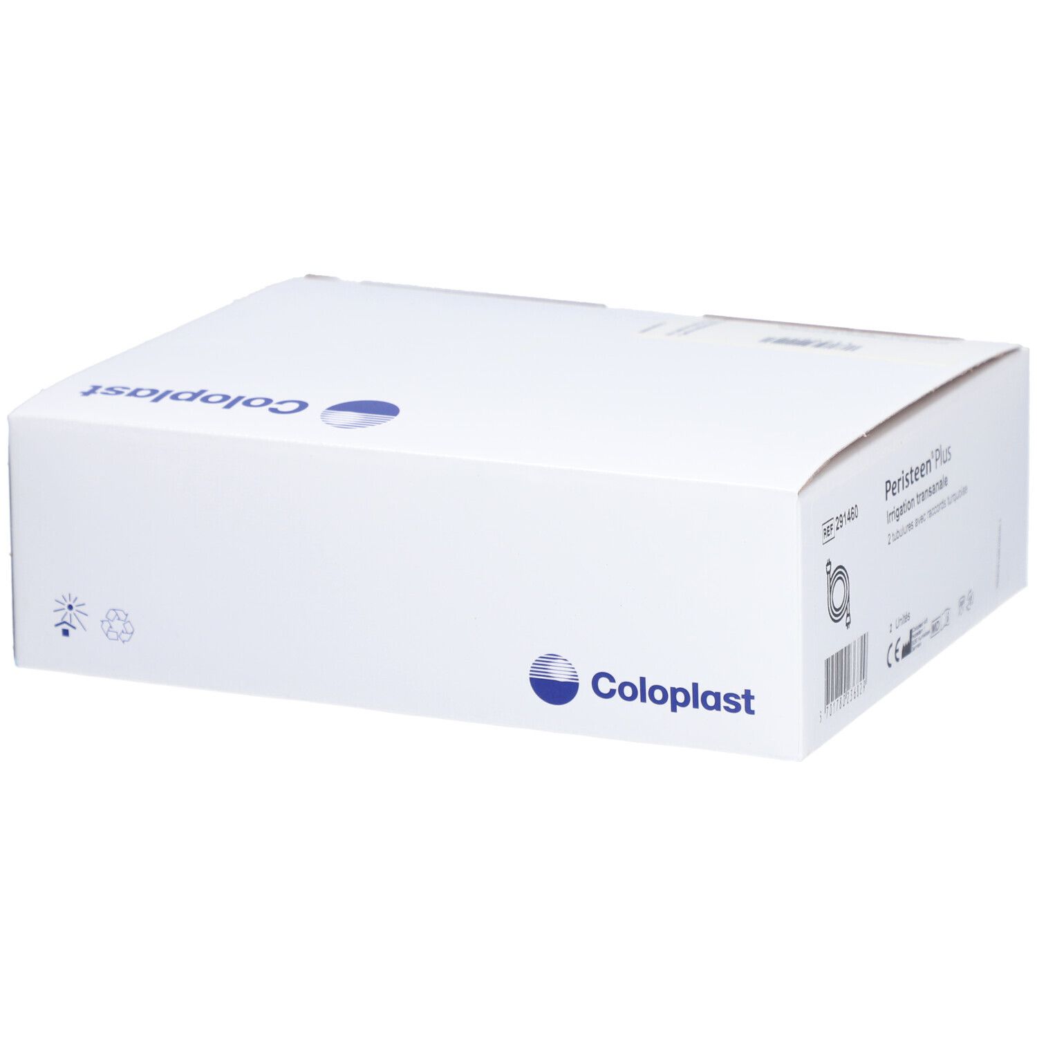 Boîte blanche avec logo Coloplast. Symboles et texte imprimés. Vue en angle.