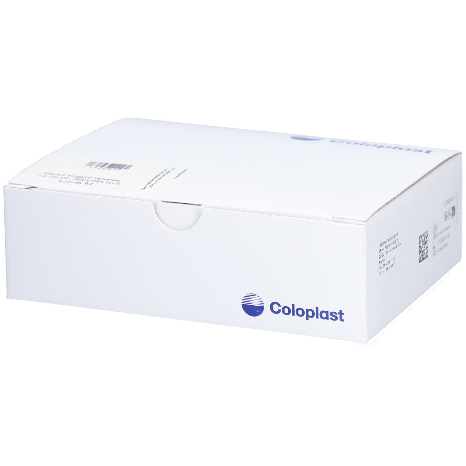 Boîte blanche avec logo Coloplast. Impression avec texte et code-barres. Vue en angle.