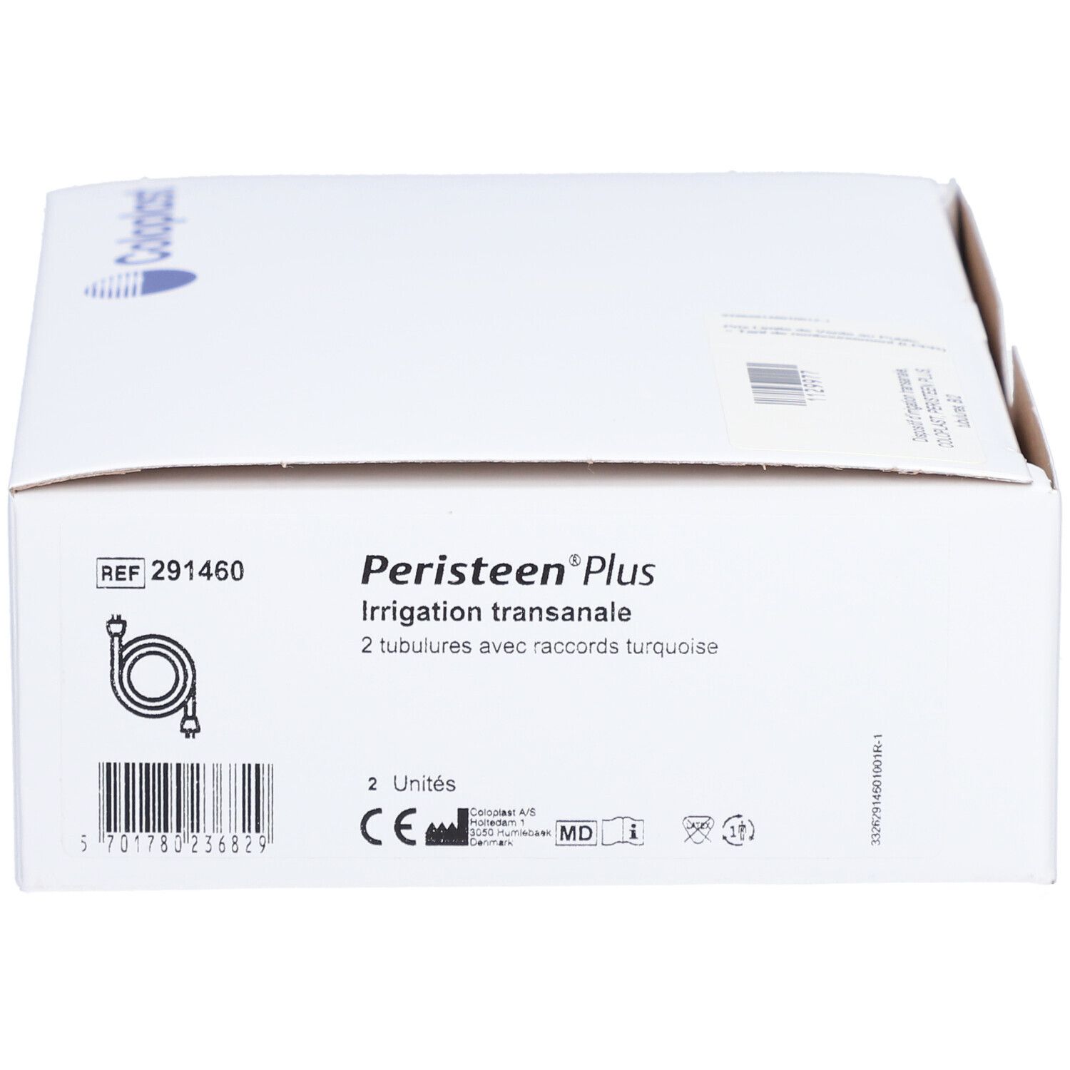 Boîte blanche avec texte: Peristeen Plus Irrigation transanale. 2 tubulures avec raccords turquoise. Marquage CE.