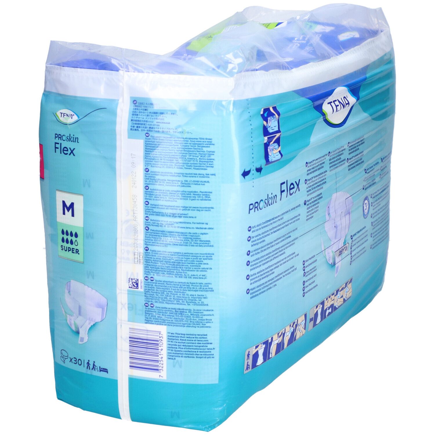 Paquet de TENA ProSkin Flex Super M. Emballage bleu avec image du produit, taille M, absorption Super, x30 pièces.