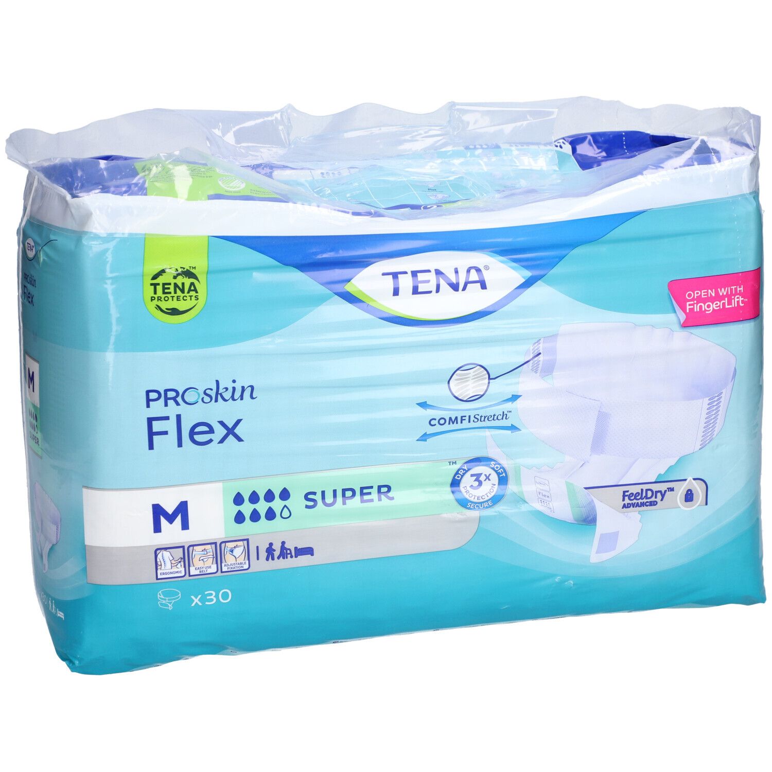 Paquet de TENA ProSkin Flex Super M. Emballage bleu avec image du produit, taille M, absorption Super, x30 pièces.