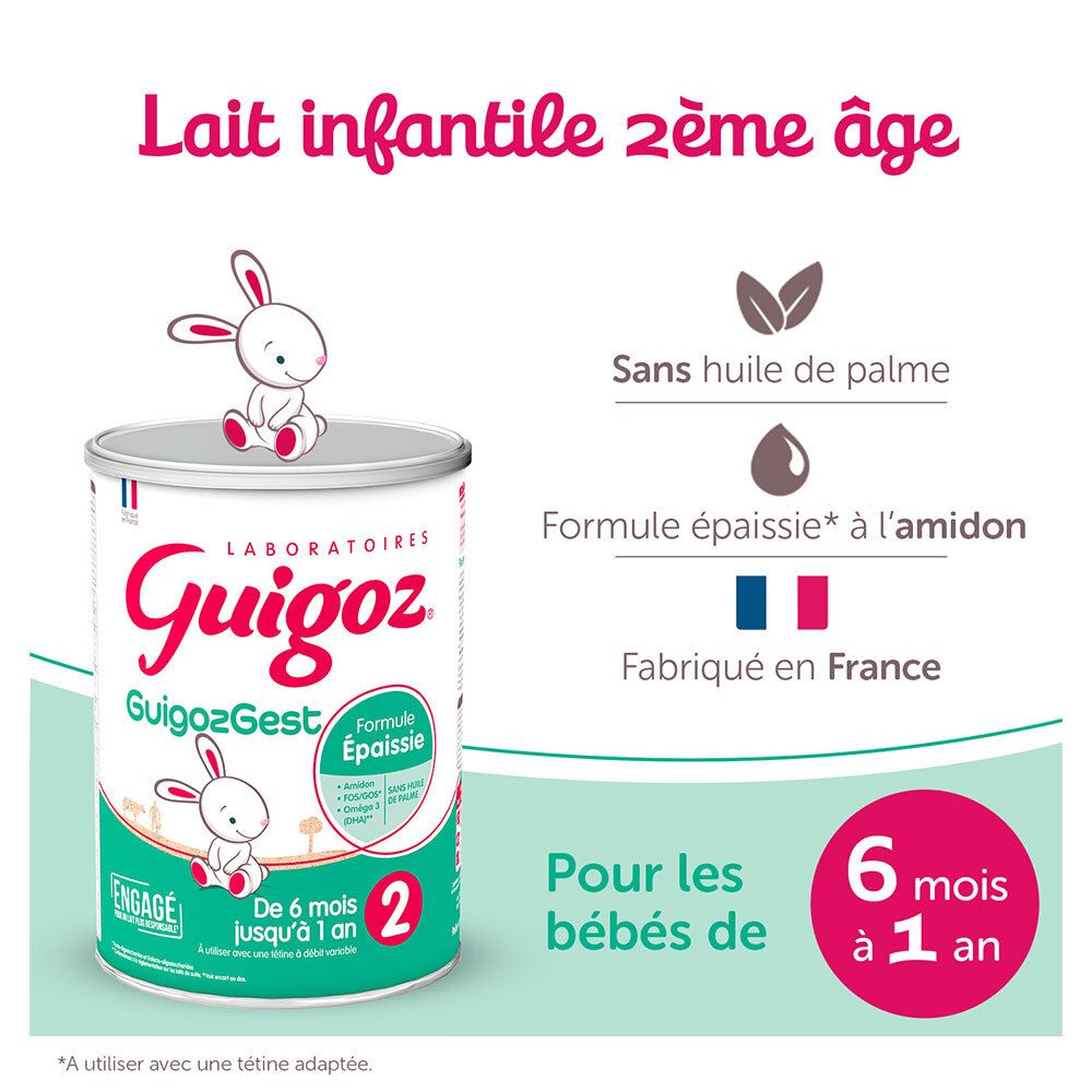 Informations produit : Lait infantile 2ème âge. Sans huile de palme. Formule épaissie à l'amidon. Fabriqué en France.