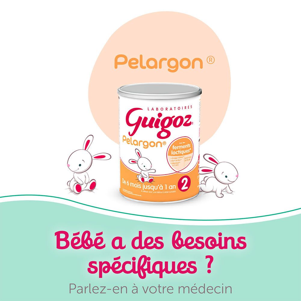 Publicité pour Pelargon. Boîte Guigoz Pelargon avec illustrations de lapins. Texte : Bébé a des besoins spécifiques ?