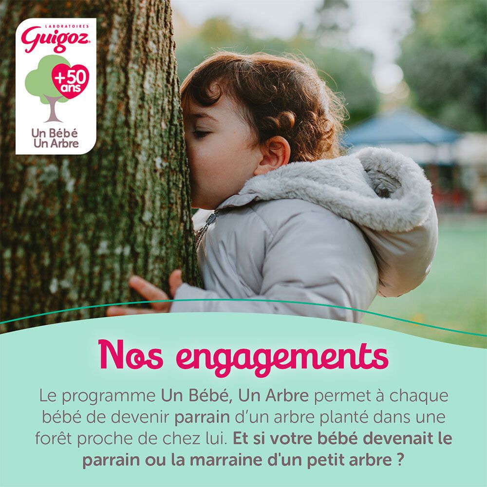 Enfant embrassant un arbre. Texte : Nos engagements. Un Bébé, Un Arbre. Le bébé devient parrain d'un arbre.