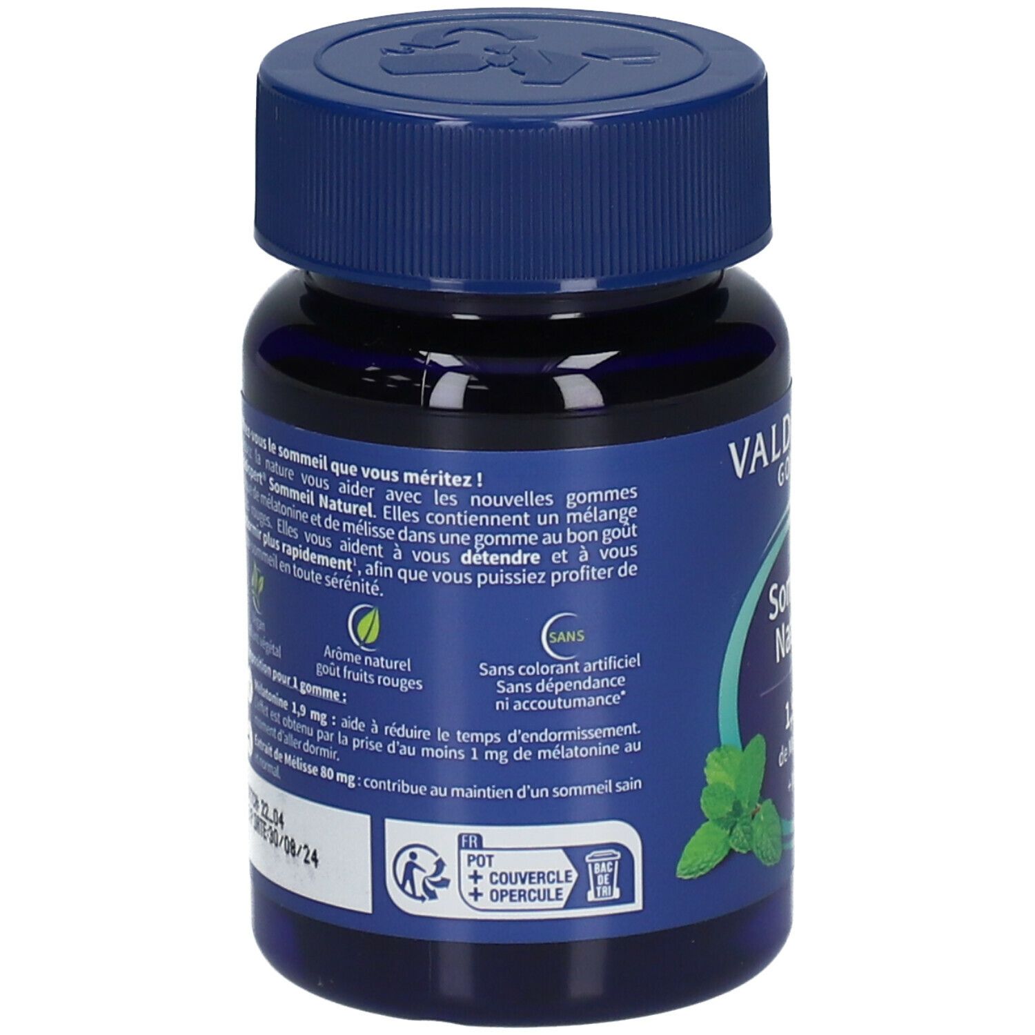 Dos de la bouteille bleue 'Valdispert Gommes Sommeil Naturel'. Informations textuelles, ingrédients, dosage et avertissements.