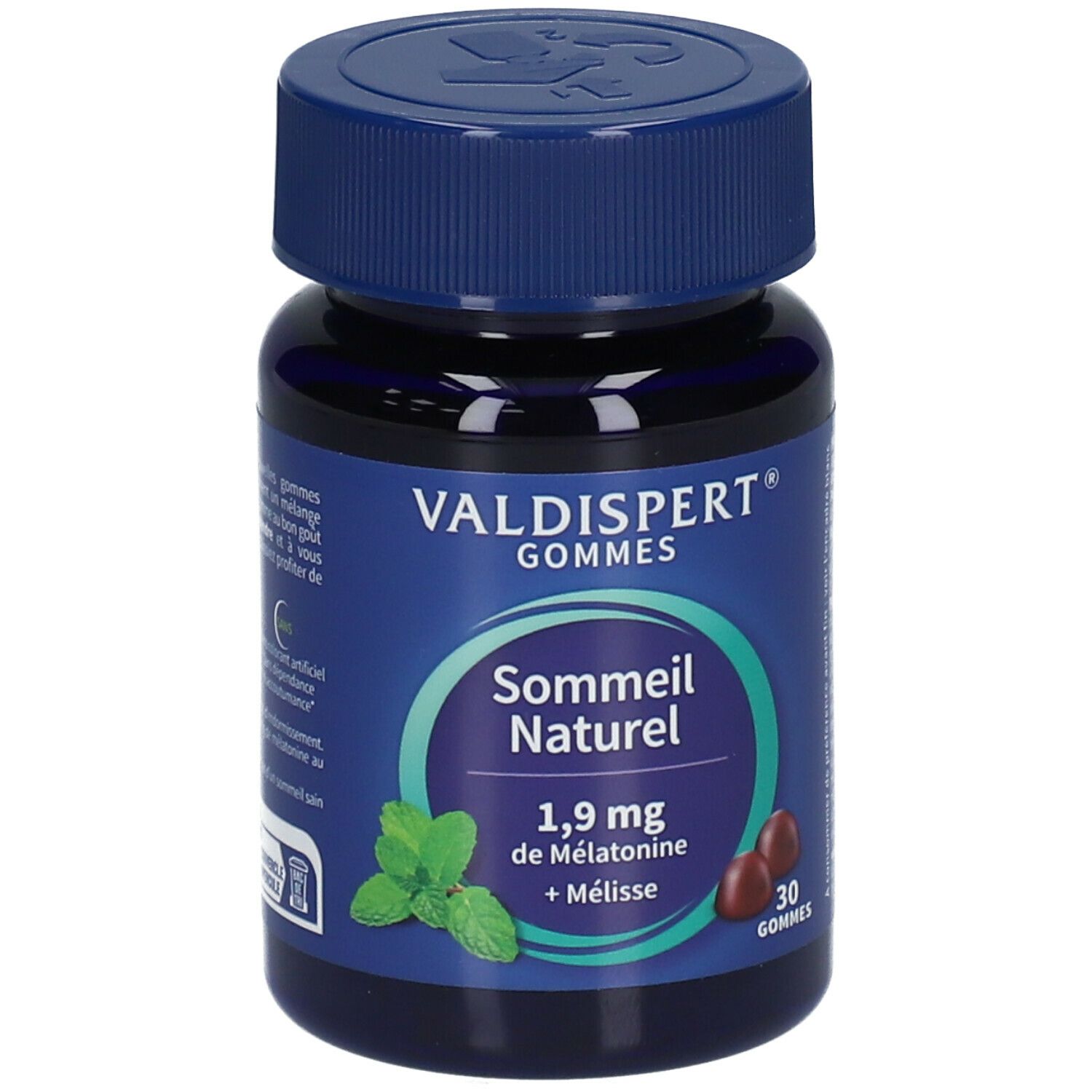 Flacon bleu 'Valdispert Gommes Sommeil Naturel'. 30 gommes, 1,9 mg mélatonine + mélisse. Illustrations menthe et gommes.